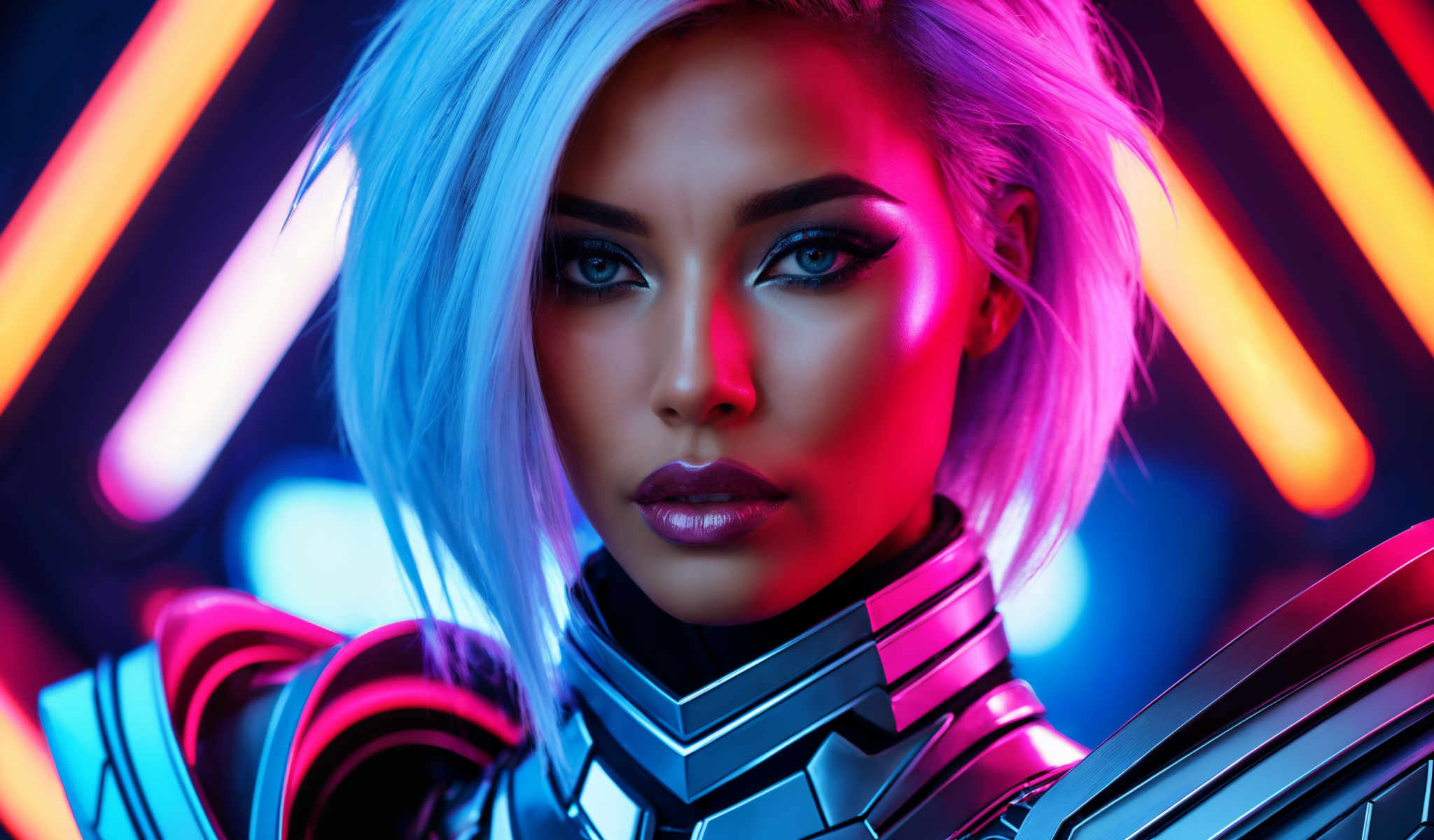 A woman with blue hair and a purple lipstick is wearing a futuristic armor.