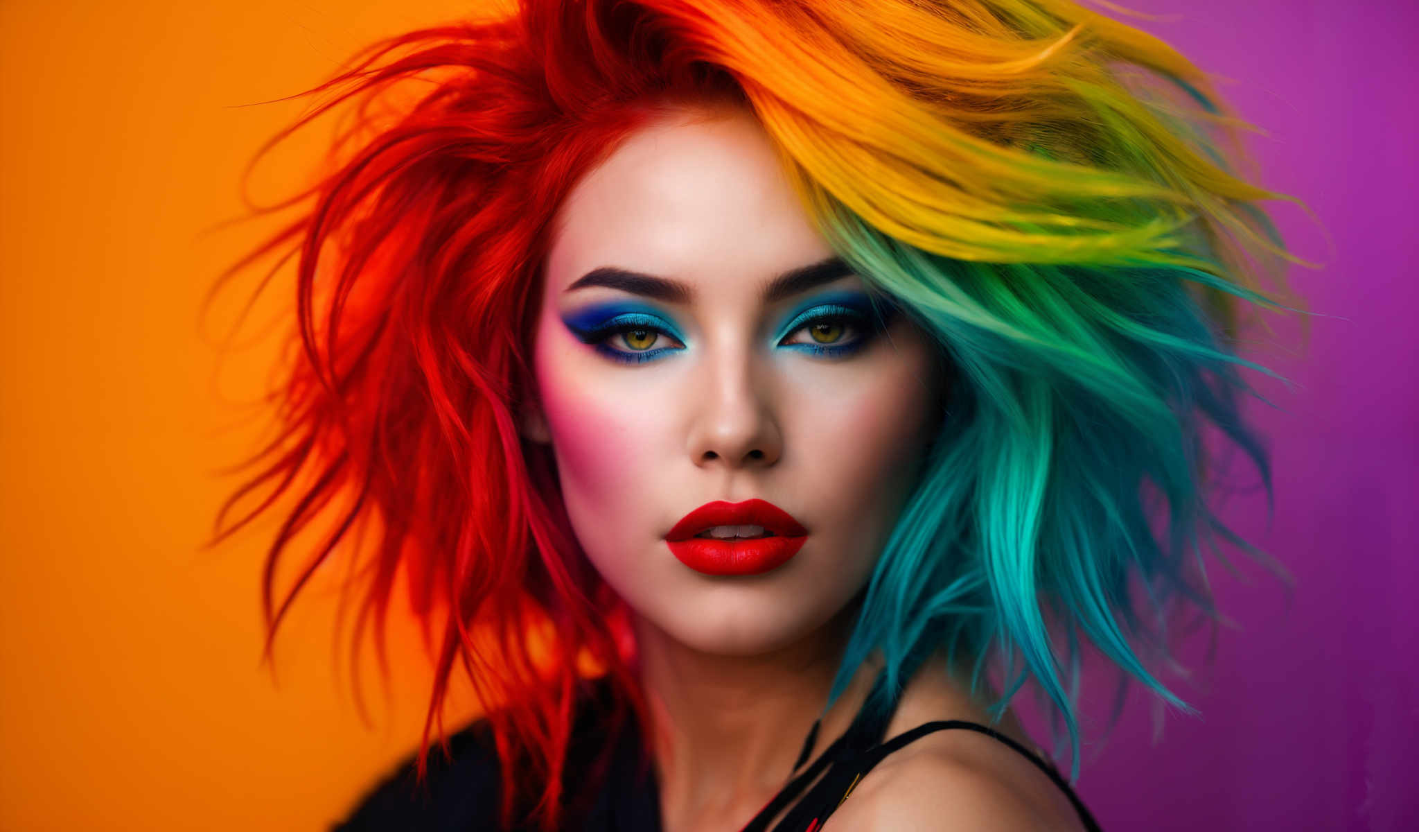 A woman with a rainbow colored wig and blue eye shadow.