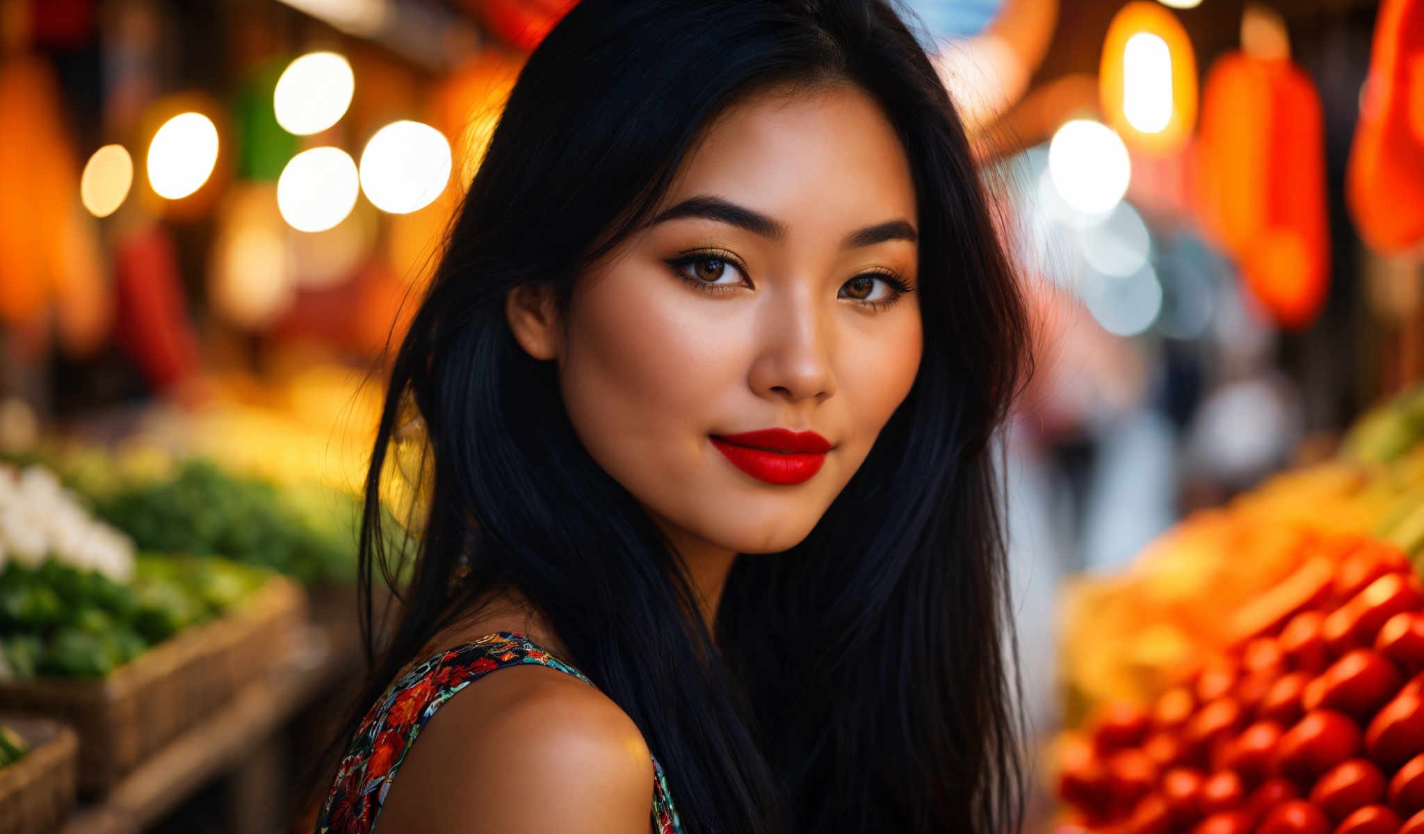 The image features a young woman with long dark hair and striking blue eyes. She is wearing a vibrant colorful dress and has a bold red lipstick on. The background is blurred but it appears to be a market or store filled with various items. The woman is the main focus of the image with her gaze directed towards the camera. The overall atmosphere of the photo is vibrant and lively.