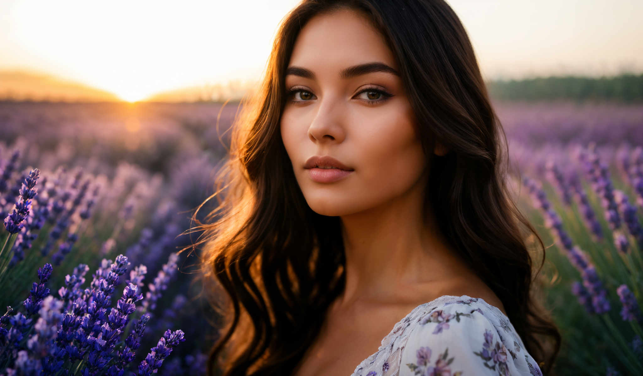 The image features a young woman with long brown hair standing in a field of lavender. She is wearing a white blouse adorned with purple flowers. The lavender field extends into the distance creating a serene backdrop for the woman. The sky above is painted with hues of orange suggesting that the photo was taken during sunset. The woman's gaze is directed off to the side and she has a slight smile on her face adding a touch of warmth to the scene. The image does not contain any text. The relative position of the woman to the lavender field is such that she appears to be standing amidst the lavender rather than in front of it. The orange sky forms the uppermost part of the image with the lavender-filled field occupying the middle and lower sections. The overall composition of the photo suggests a peaceful and tranquil setting.