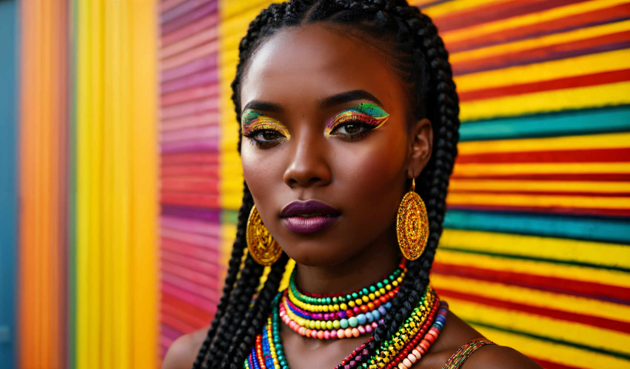 A woman with colorful hair and makeup stands in front of a rainbow background.