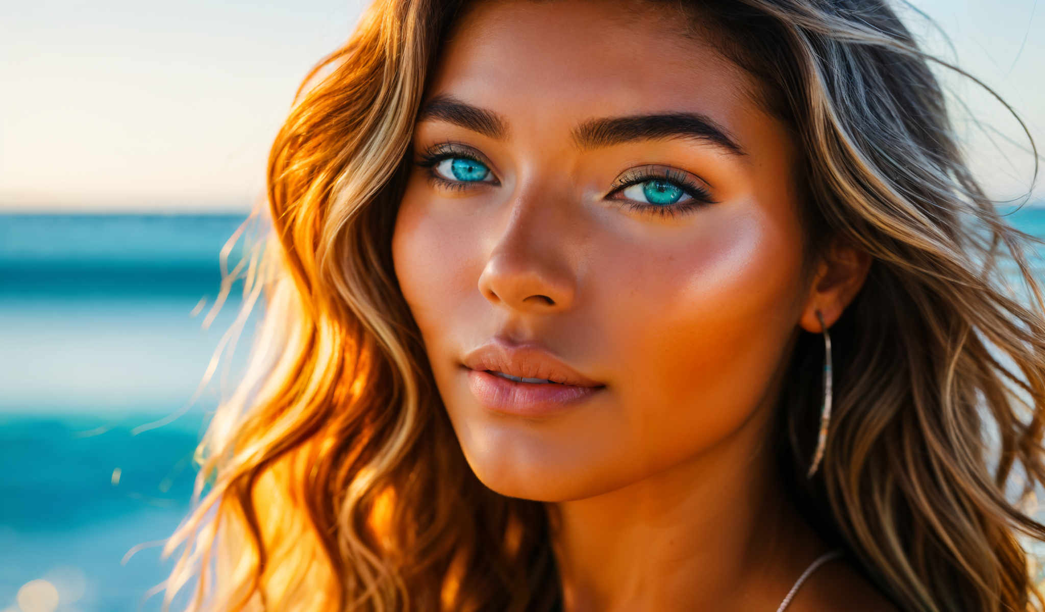 The image captures a close-up of a young woman's face bathed in the warm glow of the setting sun. Her long blonde hair cascades down her shoulders catching the sunlight and adding a golden hue to the scene. Her eyes a striking shade of blue are looking directly at the camera creating a sense of connection with the viewer. The background is a blurred image of the ocean its vast expanse stretching out into the horizon. The sun is setting casting a warm golden light over the entire scene and creating a serene and tranquil atmosphere. The image does not contain any text or other discernible objects. The woman's position in the frame and her direct gaze are the main focal points of the image. The ocean in the background provides a contrasting element to the woman's figure enhancing the overall composition of the photograph.