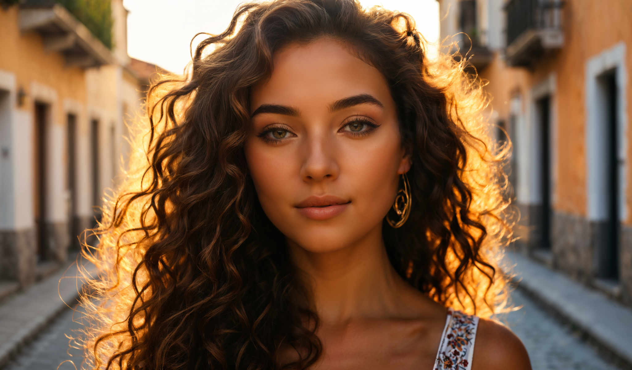 The image features a young woman with long curly brown hair. She is wearing gold hoop earrings and a white tank top adorned with a floral pattern. The woman is looking directly at the camera her gaze meeting ours. The background is a blurred orange hue suggesting the setting could be a sunset or sunrise. The focus of the image is clearly on the woman with the background serving to highlight her features and attire. The image does not contain any text or other discernible objects. The relative position of the woman to the background suggests she is the main subject of this photograph. The overall composition of the photo places the woman centrally drawing the viewer's attention directly to her.