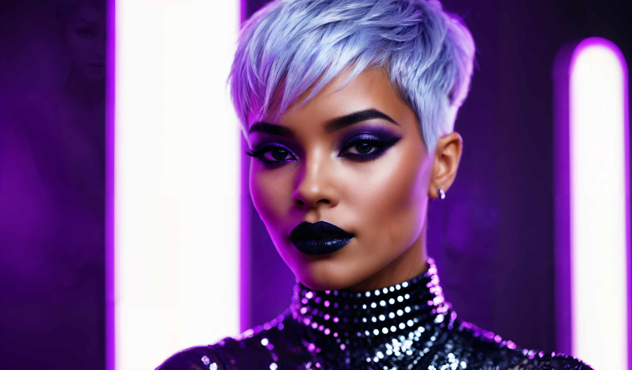 A woman with short hair and a black and purple makeup look.