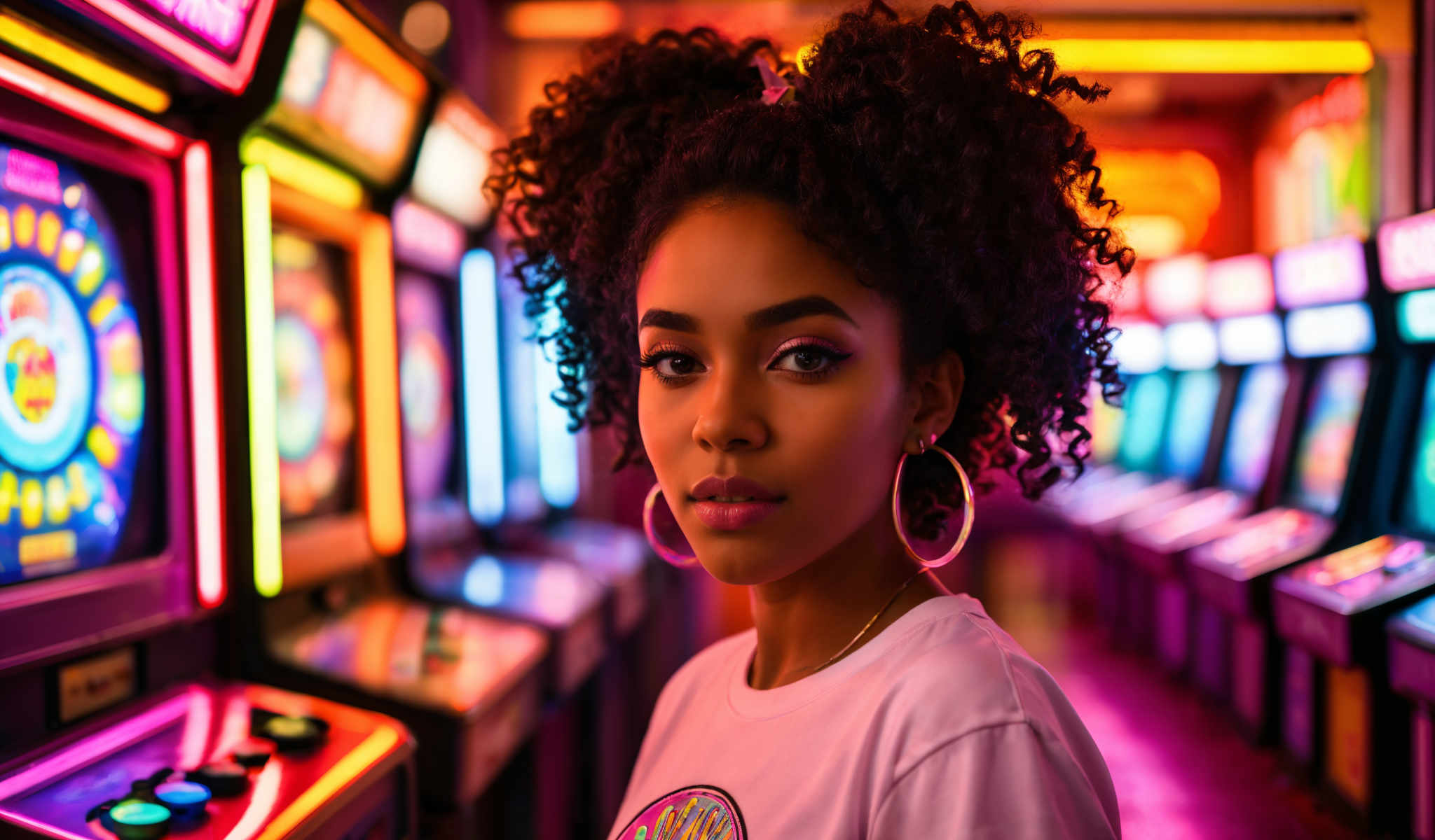 A young woman with curly hair and hoop earrings stands in front of a neon arcade game. She is wearing a pink t-shirt and looking directly at the camera.