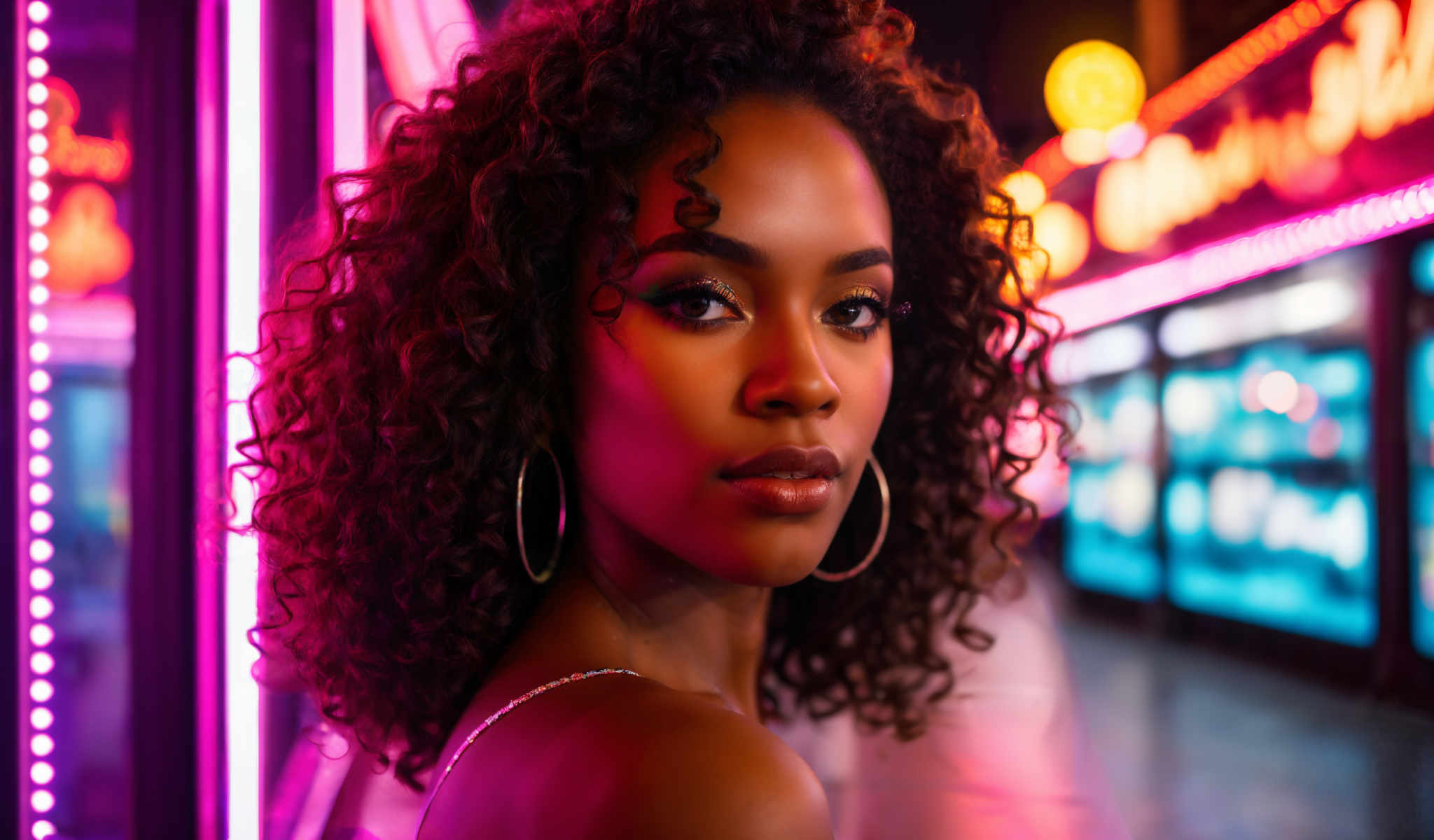 The image features a young woman with curly hair wearing a silver necklace. She is looking directly at the camera her gaze meeting ours. The background is a vibrant mix of pink and purple lights creating a lively and energetic atmosphere. The woman's position in the frame and her direct gaze give the image a sense of immediacy and engagement. The silver necklace she's wearing adds a touch of elegance to her appearance. The colorful lights in the background suggest that the photo might have been taken at a party or a similar social event. Overall the image captures a moment of joy and celebration.