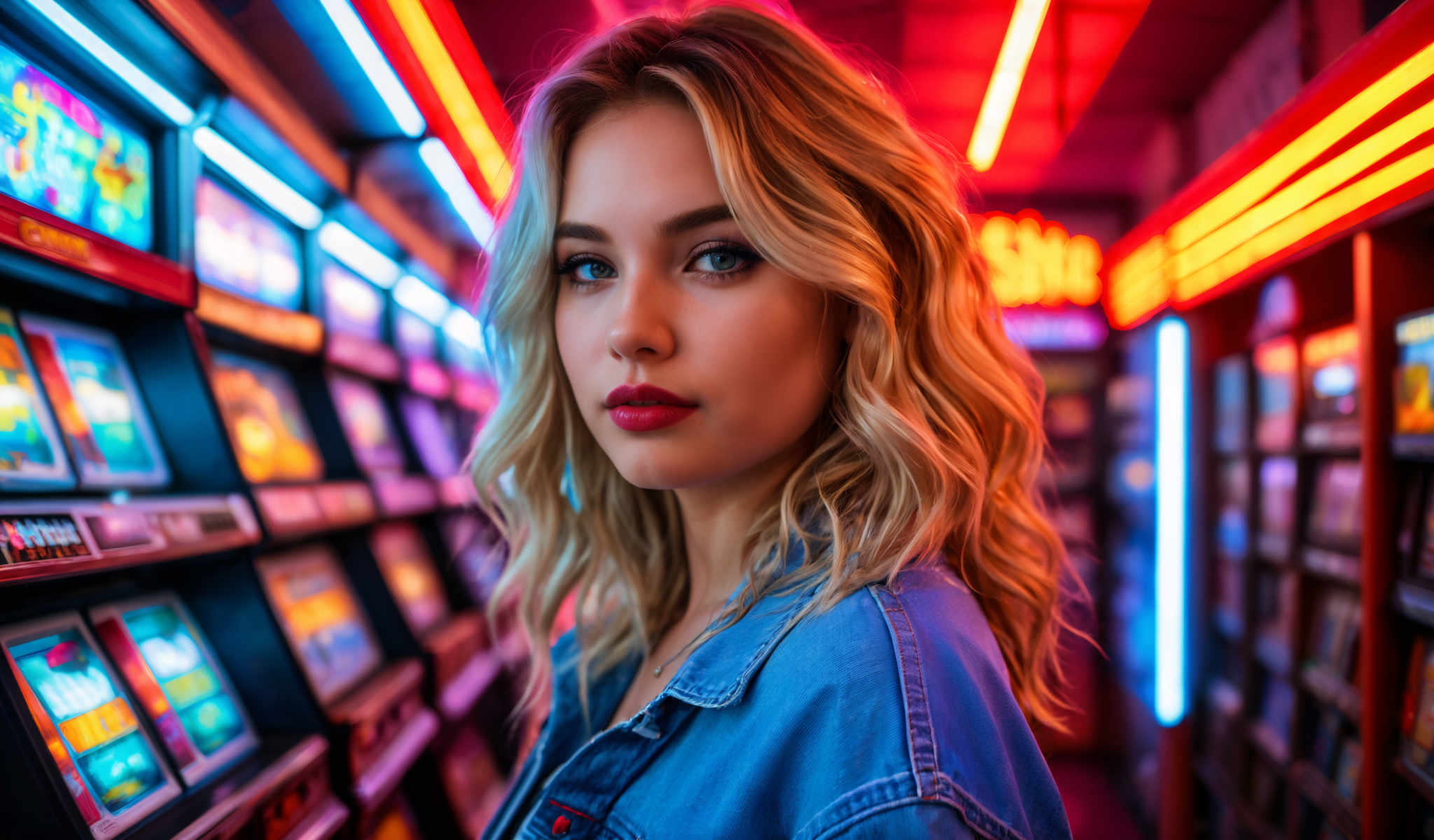 A blonde woman with red lipstick stands in front of a wall of vending machines.