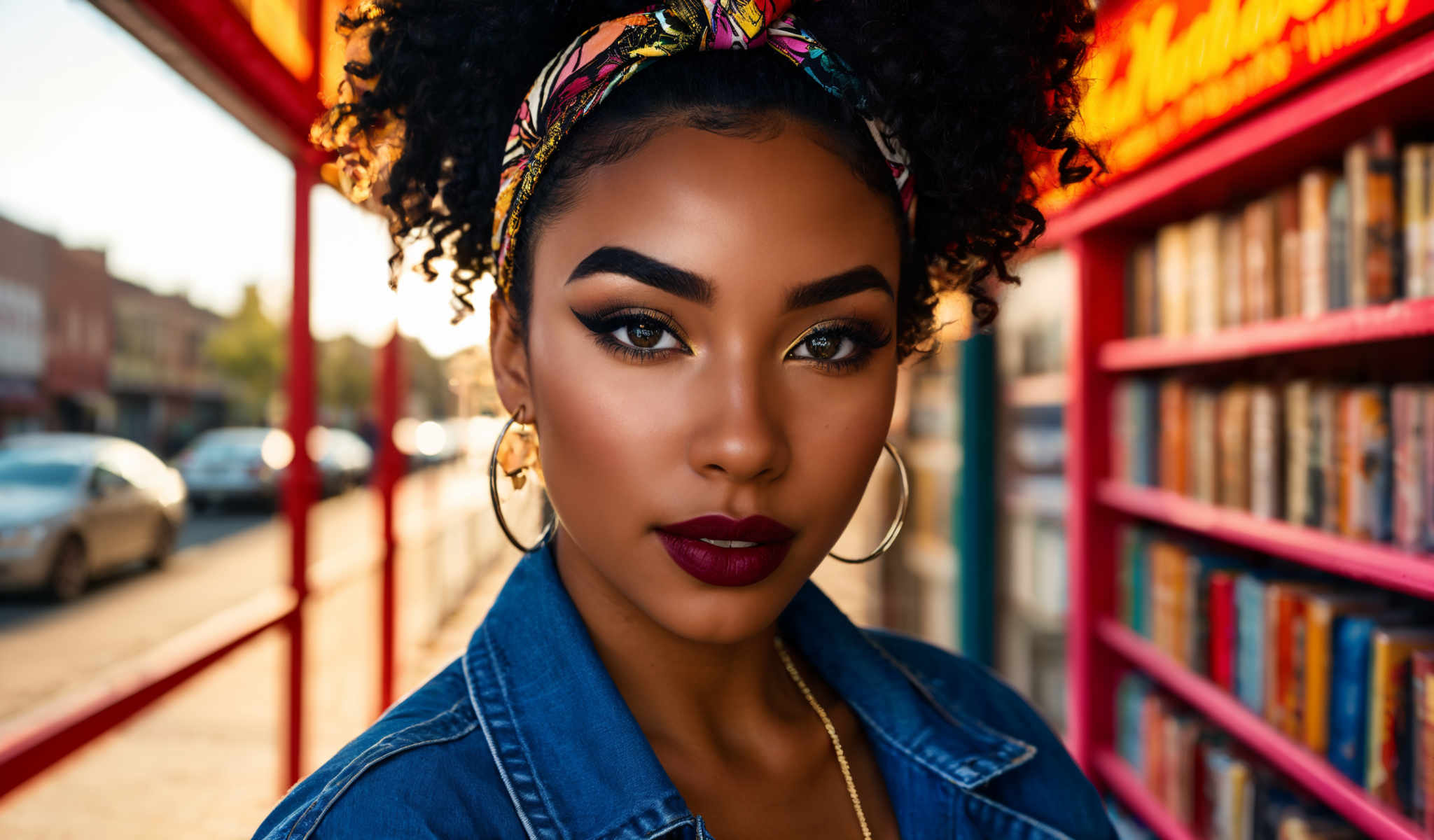 The image features a young woman with a radiant smile. She is adorned with a vibrant headband that adds a pop of color to her appearance. Her eyes accentuated with gold eyeshadow gaze directly into the camera creating a sense of connection with the viewer. She wears large hoop earrings that add a touch of elegance to her look. Her attire consists of a denim jacket which she wears over a gold necklace adding a casual yet stylish vibe to her overall appearance. The background is a blurred image of a street providing a contrast to the sharp focus on the woman. The image does not contain any text. The woman is the central figure in the image with her position and the focus on her face drawing the viewer's attention. The colors objects and their arrangement in the photo create a visually appealing composition.