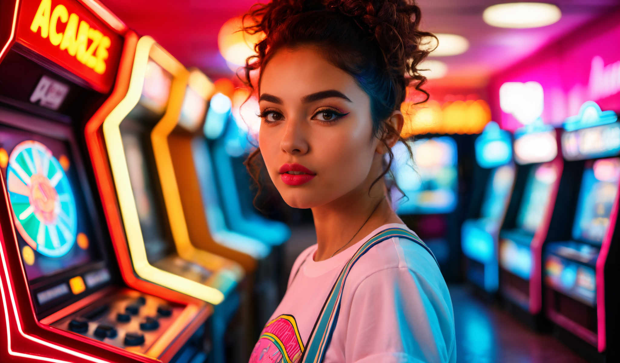 A young woman is standing in front of a row of pinball machines. She is wearing a pink shirt and has a blue headband in her hair. The pinball machine in front has a red and yellow neon sign. The background is dark and the other pinball games have blue and purple neon signs.