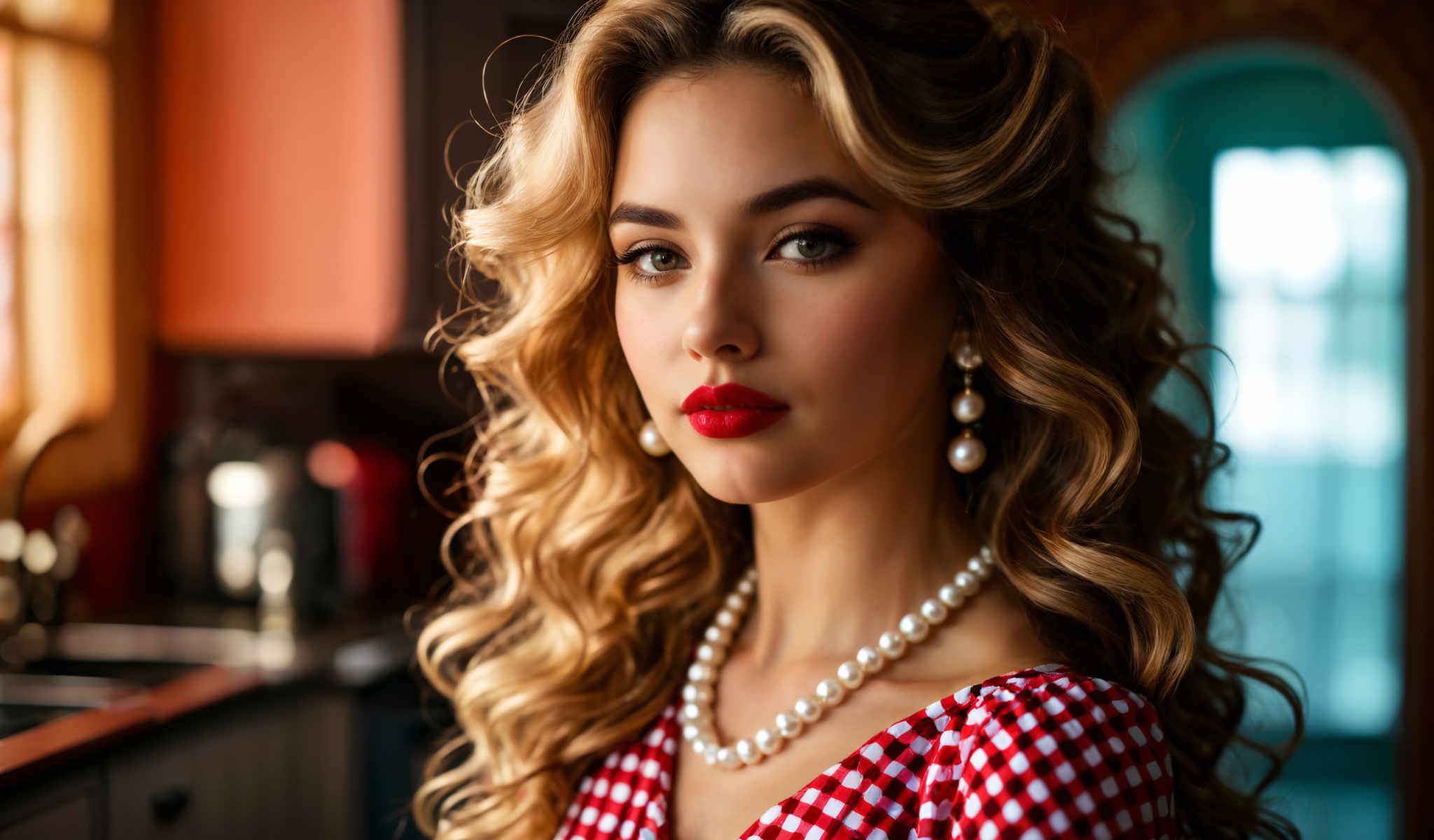 The image features a young woman with blonde hair and red lipstick. She is wearing a red and white checkered dress and a pearl necklace. Her gaze is directed off to the side and she is adorned with large earrings. The background is blurred but it appears to be a kitchen or dining area. The woman's attire and the setting suggest a casual relaxed atmosphere. The image does not contain any text.