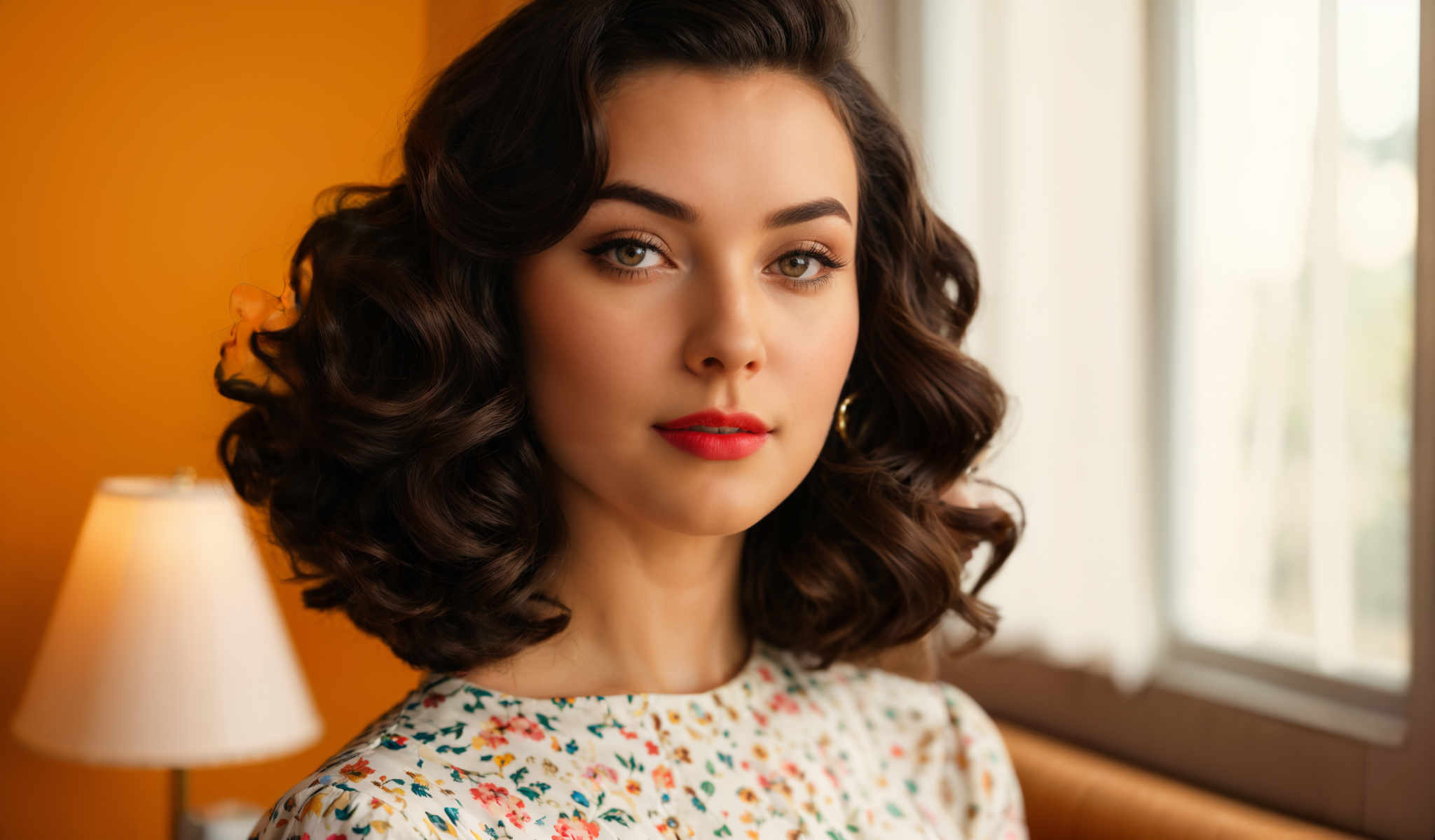 The image features a young woman with curly hair and bangs. She is wearing a white blouse adorned with a floral pattern. Her hair is styled in loose curls and she is looking directly at the camera with a slight smile on her face. The background is a blurred orange color providing a warm contrast to her appearance.