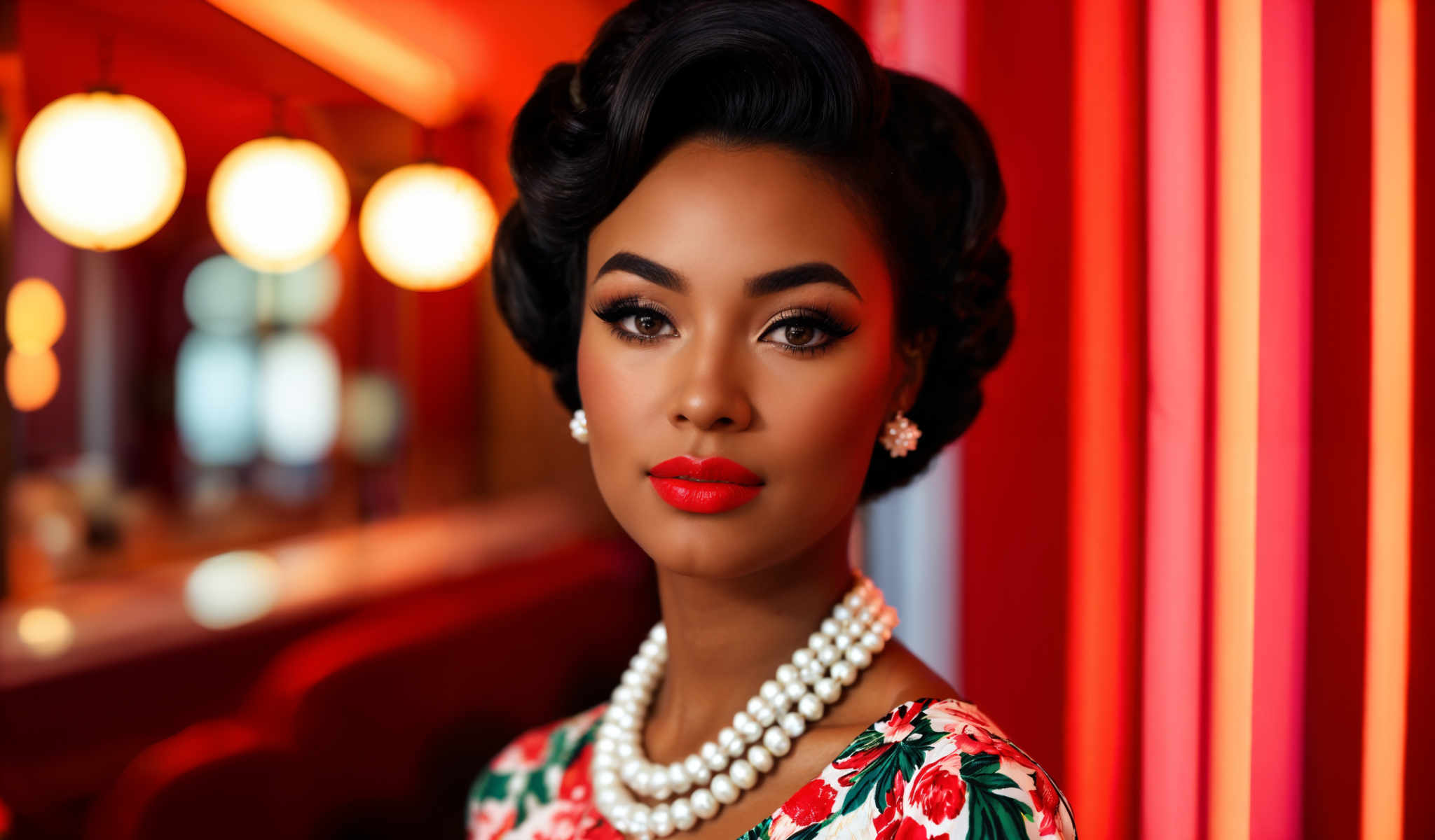 The image features a woman with a vibrant red lipstick and a pearl necklace. She is wearing a floral dress and has a large bun on her head. The background is a red curtain with a gold trim. The woman is looking directly at the camera giving the impression of a posed portrait. The overall color scheme of the image is dominated by red and white with the woman's dress and lipstick being the most prominent features. The gold trim on the curtain adds a touch of elegance to the scene. The image does not contain any text or other discernible objects. The relative position of the woman to the curtain suggests she is standing in front of it. The focus of the photo is clearly on the woman with her attire and the background complementing each other. The photo appears to be professionally taken given the quality of the lighting and the composition. The large bun and the pearl necklace suggest a formal or special occasion. The floral dress adds a feminine touch to the image. The red lipstick stands out against the woman’s skin drawing attention to her features. Overall the image captures a moment of elegance and sophistication.