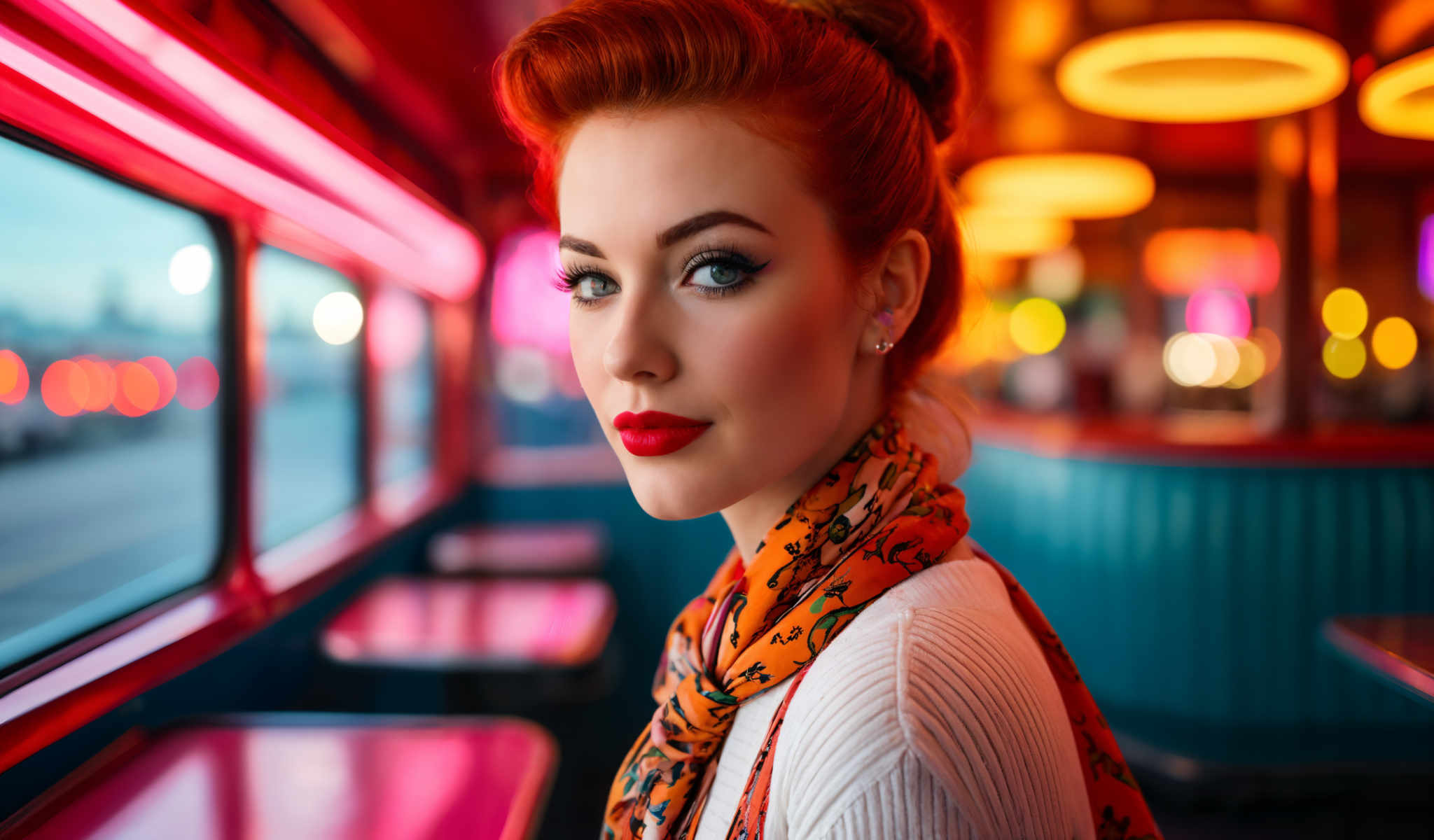 The image features a woman with red hair wearing a scarf with a floral pattern. She is standing in a diner with a pink booth visible in the background. The woman is looking directly at the camera and her gaze is intense. The overall atmosphere of the image is vibrant and energetic.