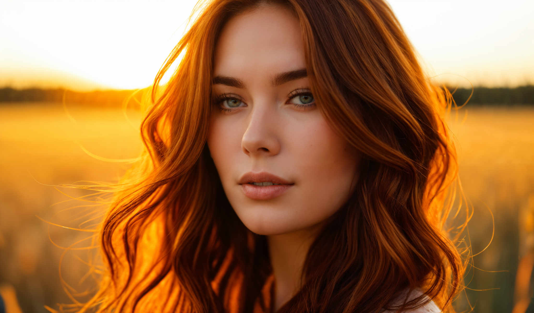 The image captures a close-up of a young woman with long vibrant red hair. Her hair cascades down her shoulders framing her face beautifully. She is looking directly at the camera her gaze steady and engaging. Her lips are slightly parted as if she is about to speak or sing. The background is a blurred orange hue suggesting the setting could be a sunset or sunrise. The focus of the image is clearly on the woman with the background serving to highlight her features. The image does not contain any text or other discernible objects. The woman's position in the frame and her direct gaze give the image a sense of immediacy and intimacy.