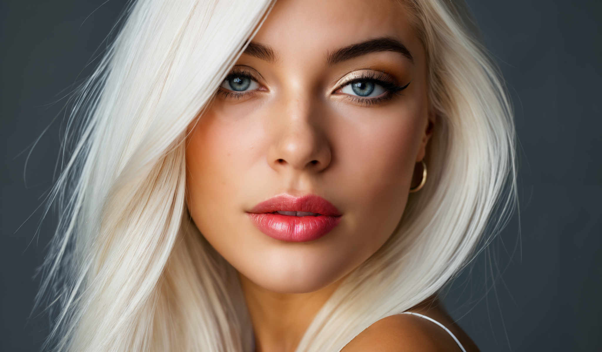 The image features a young woman with blonde hair and striking blue eyes. She is wearing gold earrings and has a pink lip stain on her lips. Her gaze is directed straight at the camera creating a sense of direct engagement with the viewer. The background is a solid color which puts the focus entirely on her. The image does not contain any text or other discernible objects. The woman's position in the frame and her direct gaze give the image a sense that she is the main subject. The simplicity of the image allows for a clear and unambiguous interpretation of its content.