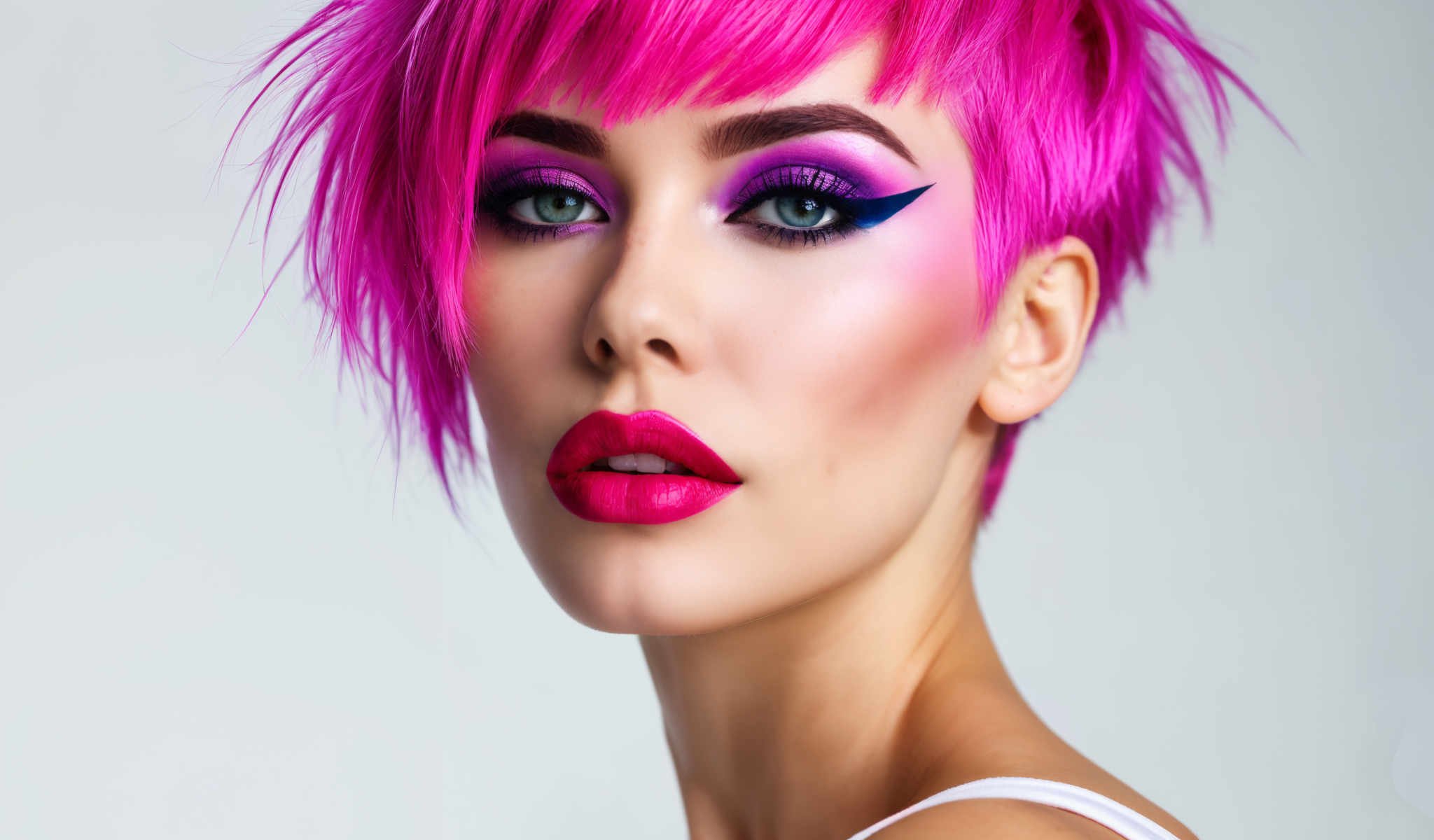 A woman with pink hair and pink lipstick.