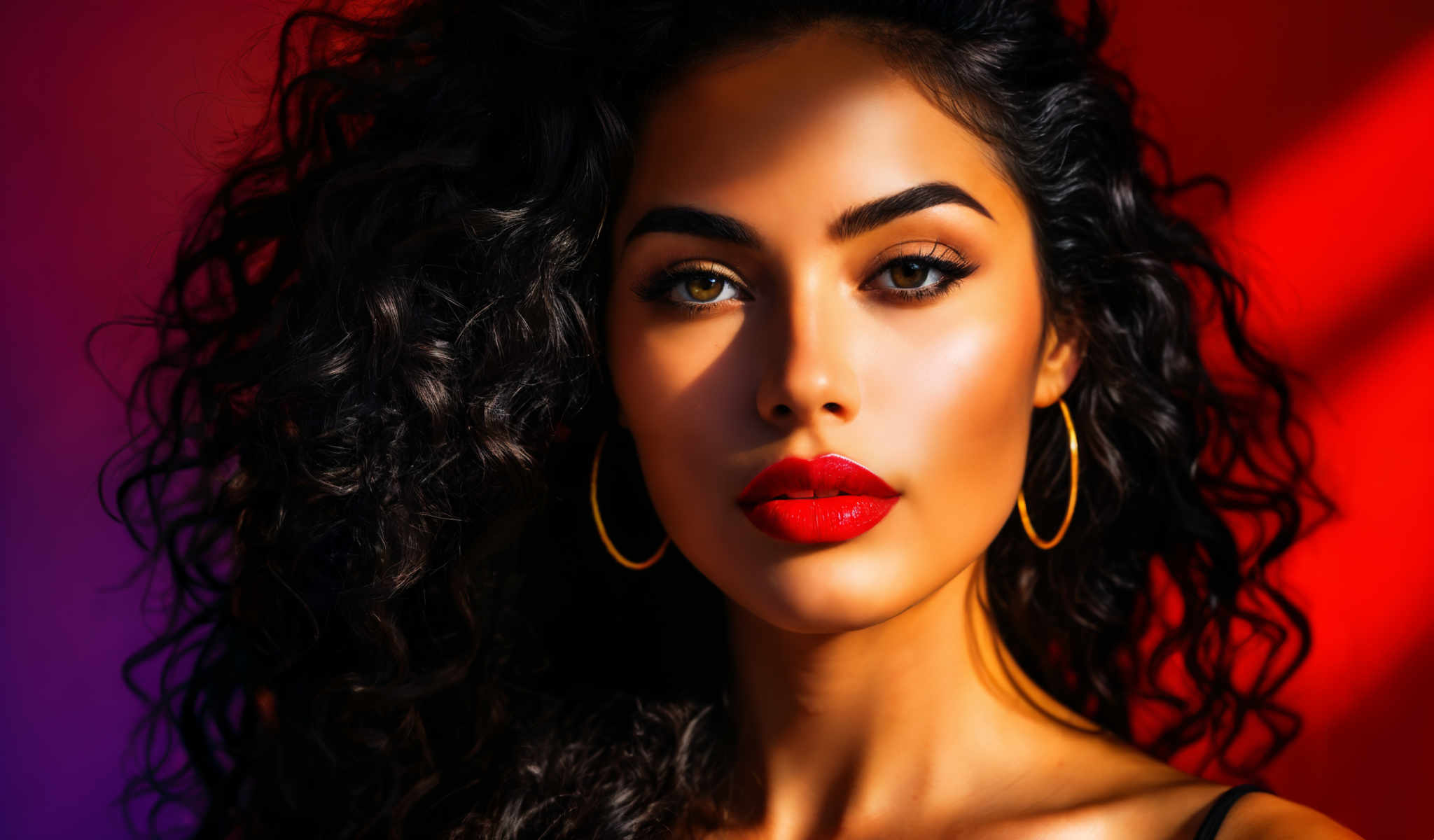 The image features a young woman with long dark hair. She is wearing gold hoop earrings and red lipstick. The background is a solid red color. The woman is looking directly at the camera giving the impression of a close-up portrait. The image does not contain any text or other discernible objects. The focus is solely on the woman and her features.