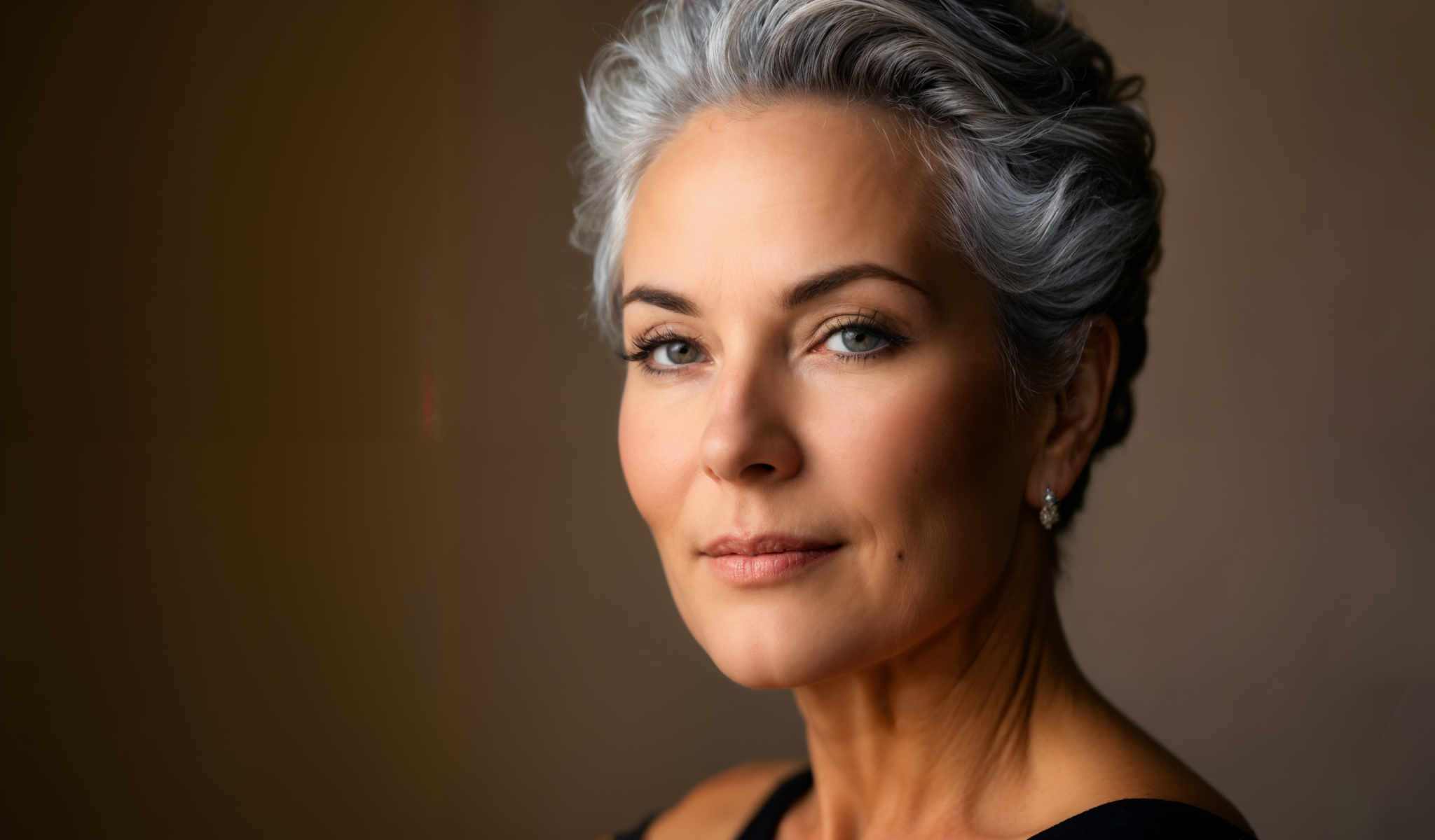 The image features a woman with gray hair and blue eyes. She is wearing a black dress and has a serious expression on her face. The background is a plain beige color.