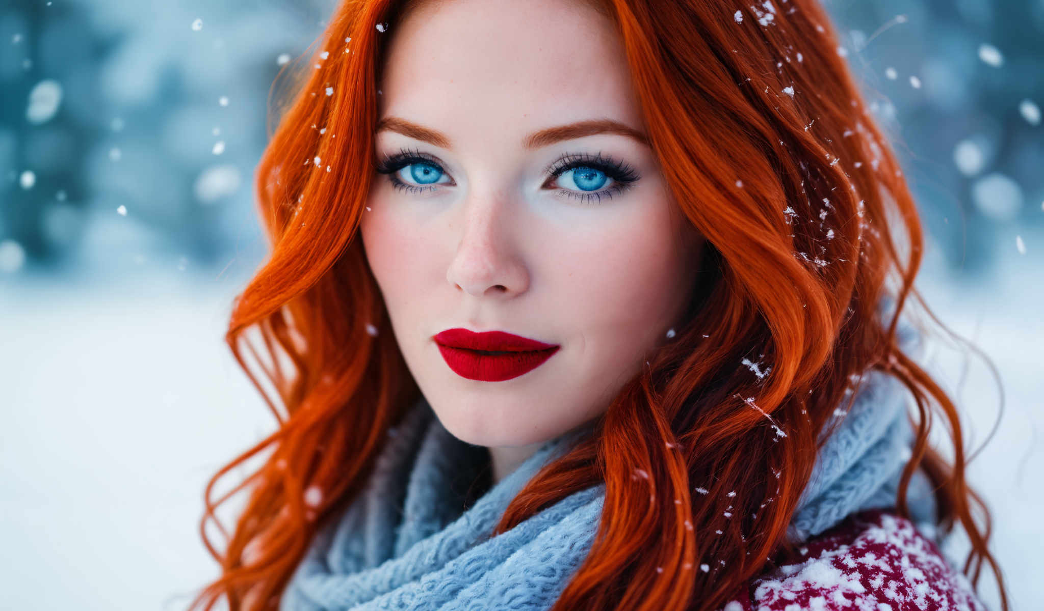 The image features a woman with vibrant red hair who is wearing a blue scarf. Her striking blue eyes are looking directly at the camera creating a sense of connection with the viewer. The background is a snowy landscape adding a serene and tranquil atmosphere to the image. The woman's red hair stands out vividly against the white snow creating an interesting contrast. The blue scarf she is wearing adds a pop of color to the otherwise monochrome background. The image does not contain any text or other discernible objects. The relative position of the woman to the background suggests she is the main subject of the image with the snowy landscape serving as a backdrop to highlight her features. The overall composition of the photo suggests it might have been taken during the winter season.