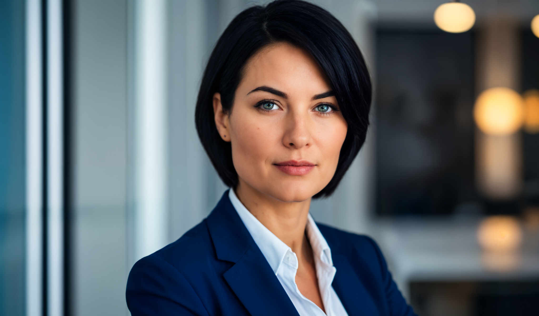 The image features a woman with black hair and blue eyes. She is wearing a blue blazer and a white shirt. Her gaze is directed straight at the camera and she has a slight smile on her face. The background is a blurred image of a room with a window. The woman appears to be the main subject of the photo. The room in the background provides a simple and uncluttered backdrop that allows the woman to stand out. The window in the room suggests that the photo was taken during the day. The overall composition of the image is balanced with the woman centrally positioned. The colors in the image are vibrant with her blue blazar and the window in her background providing a nice contrast to her white shirt and the black hair. The slight smile gives the image a friendly and approachable feel.