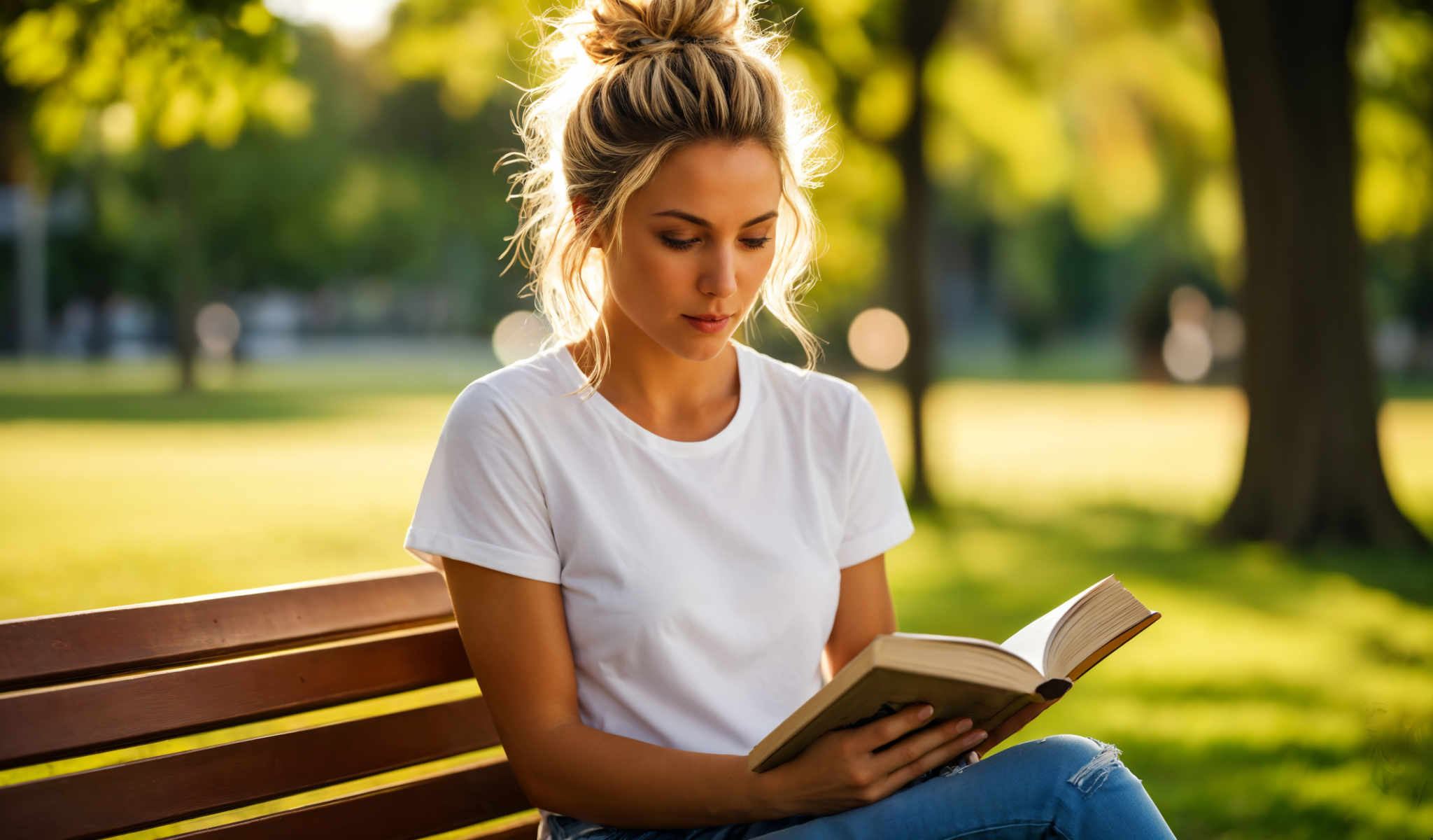 A woman with blonde hair is sitting on a bench and reading a book.