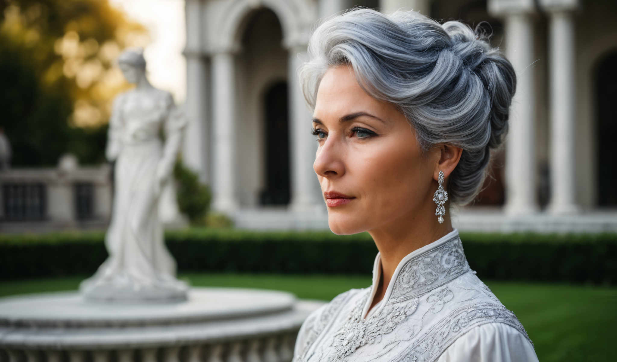 A woman with gray hair and a white dress stands in front of a statue and a building.