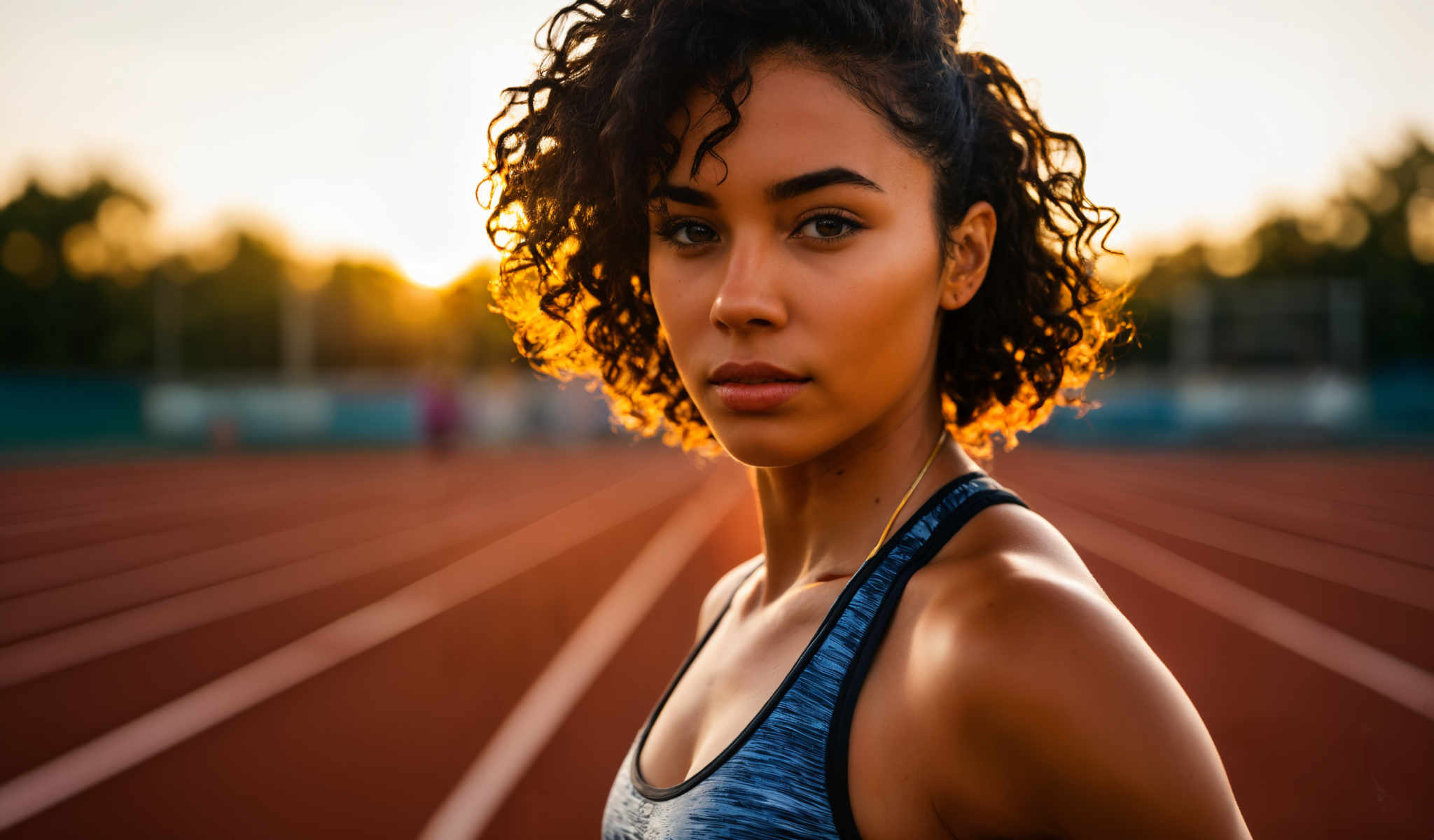 The image captures a young woman with curly hair standing on a track field. She is wearing a blue tank top and has a serious expression on her face. The background is blurred but the setting appears to be a track and field. The woman is the main focus of the image with her position on the track and her direct gaze into the camera creating a sense of immediacy and engagement. The colors in the image are vibrant with the blue of the woman's tank top standing out against the more muted tones of the track field and the blurred background. The image does not contain any text or other discernible objects. The relative position of the objects suggests that the woman is standing in the foreground with a view of the field stretching out behind her. The blurred background suggests that she is the subject of the photo with everything else serving as a backdrop to her presence. The serious expression and direct gaze of the young woman add a sense intrigue to the image.