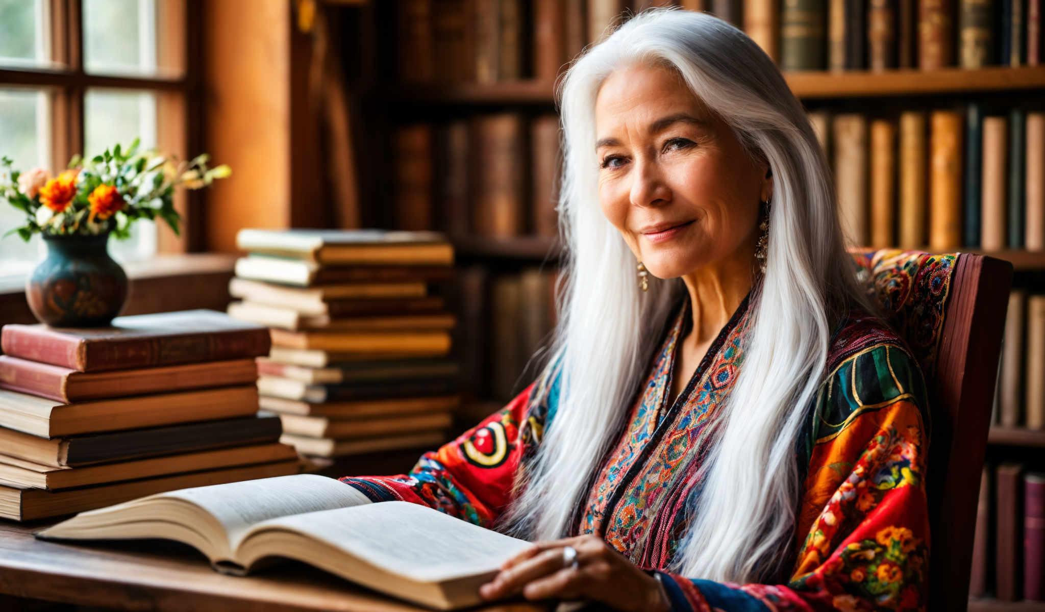 An older woman with long white hair is sitting in front of a bookshelf. She is wearing a colorful dress and holding a book in her hands. The bookshelf behind her is filled with books.