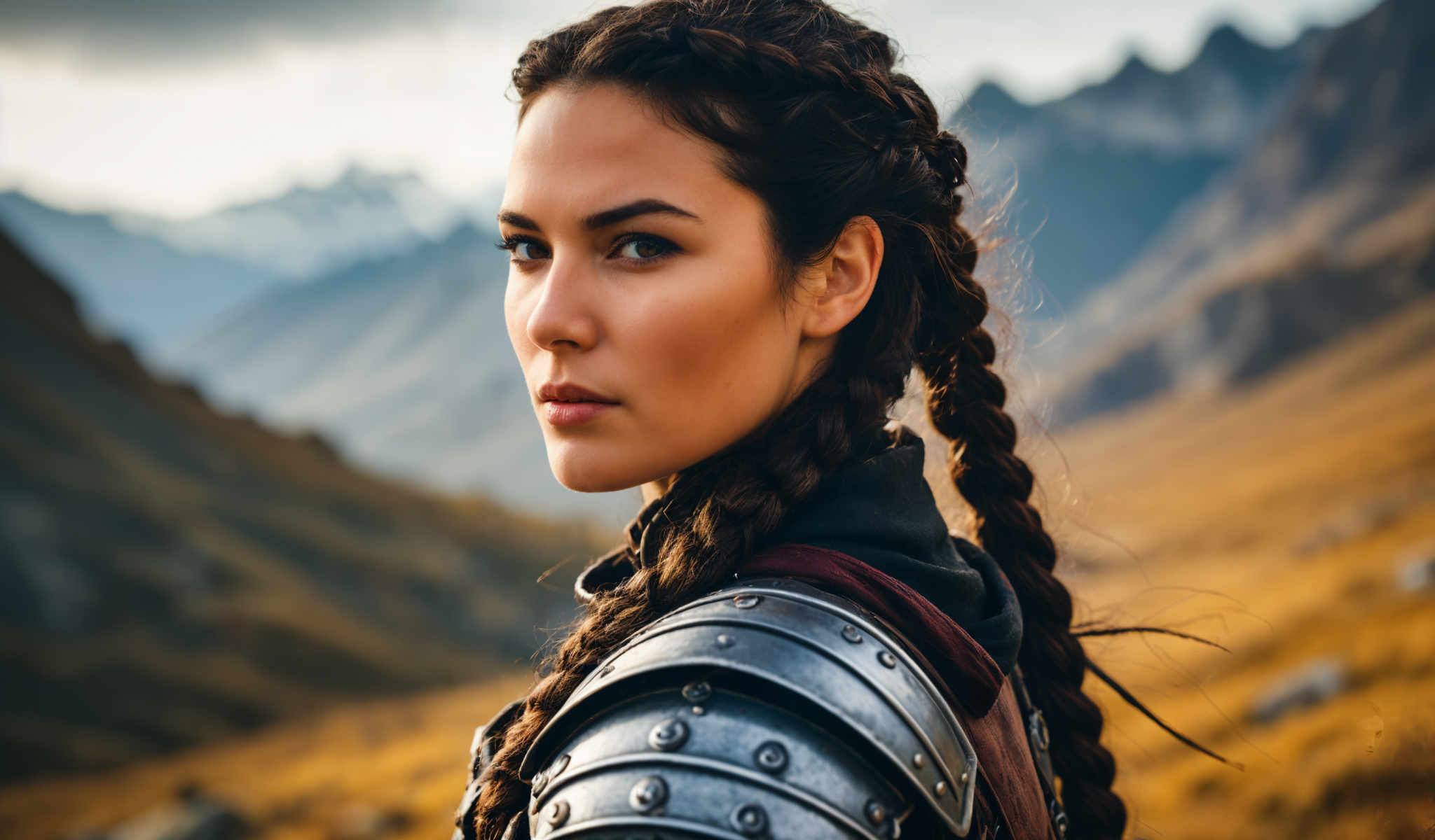 A woman with braided hair and a warrior costume stands in front of a mountain range.