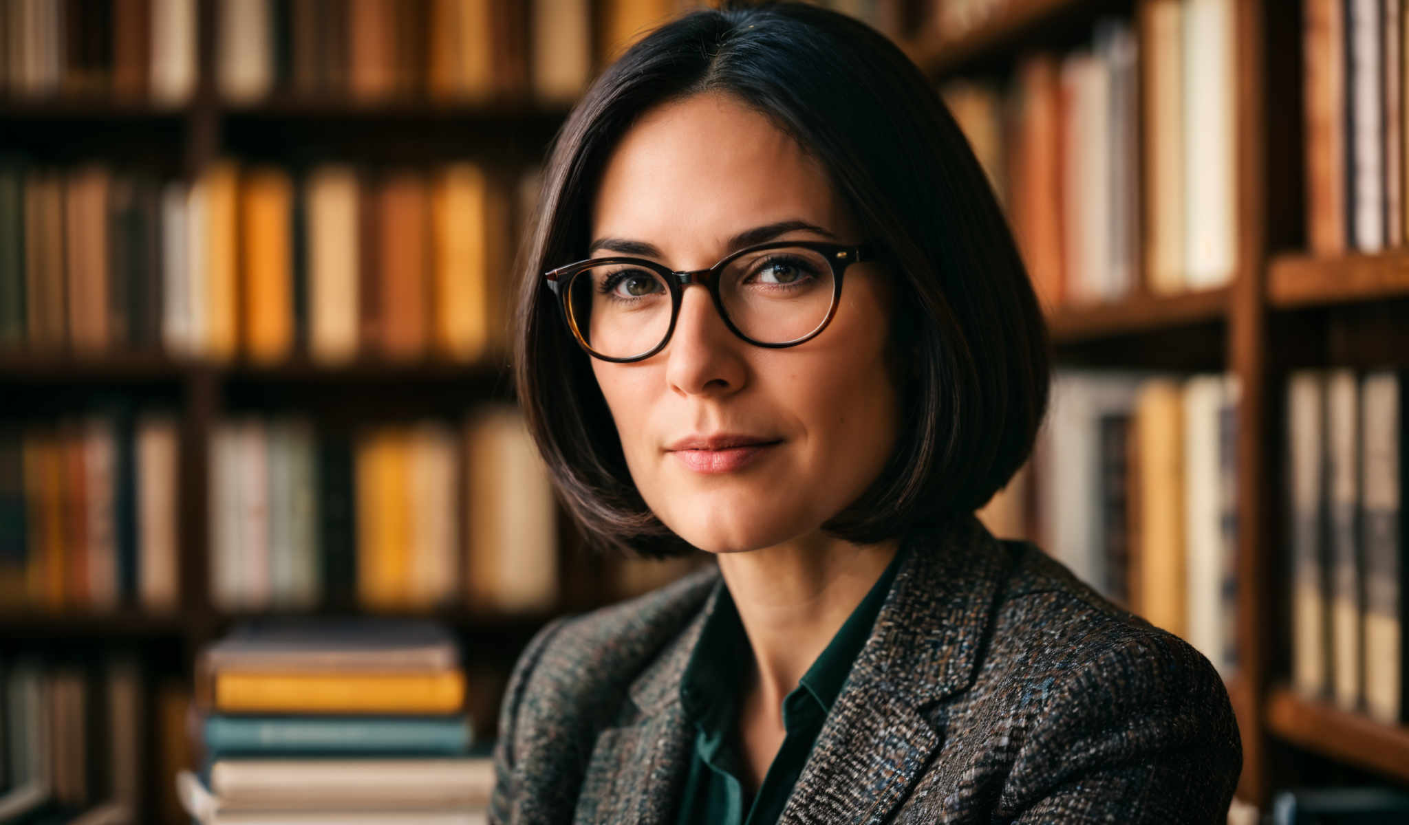 A woman wearing glasses and a blazer is in front of a bookshelf.