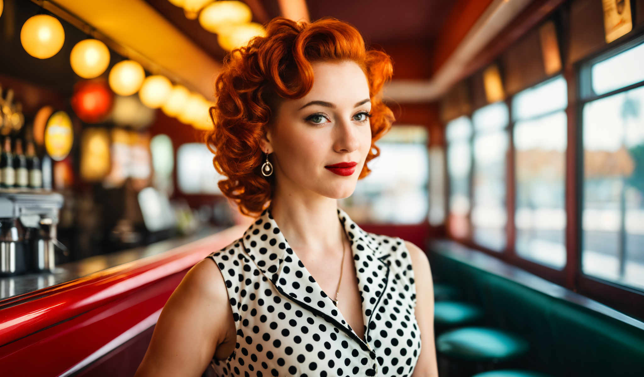 A woman with red hair and a polka dot dress.