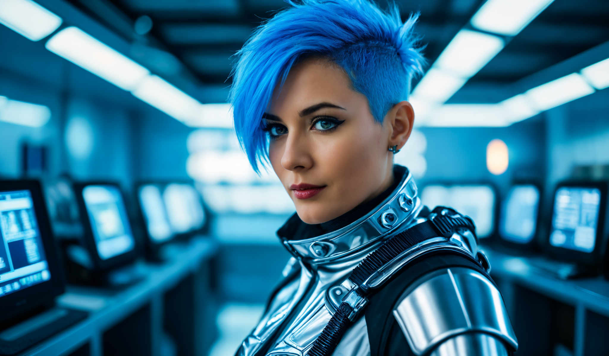 A woman with blue hair and a silver suit.