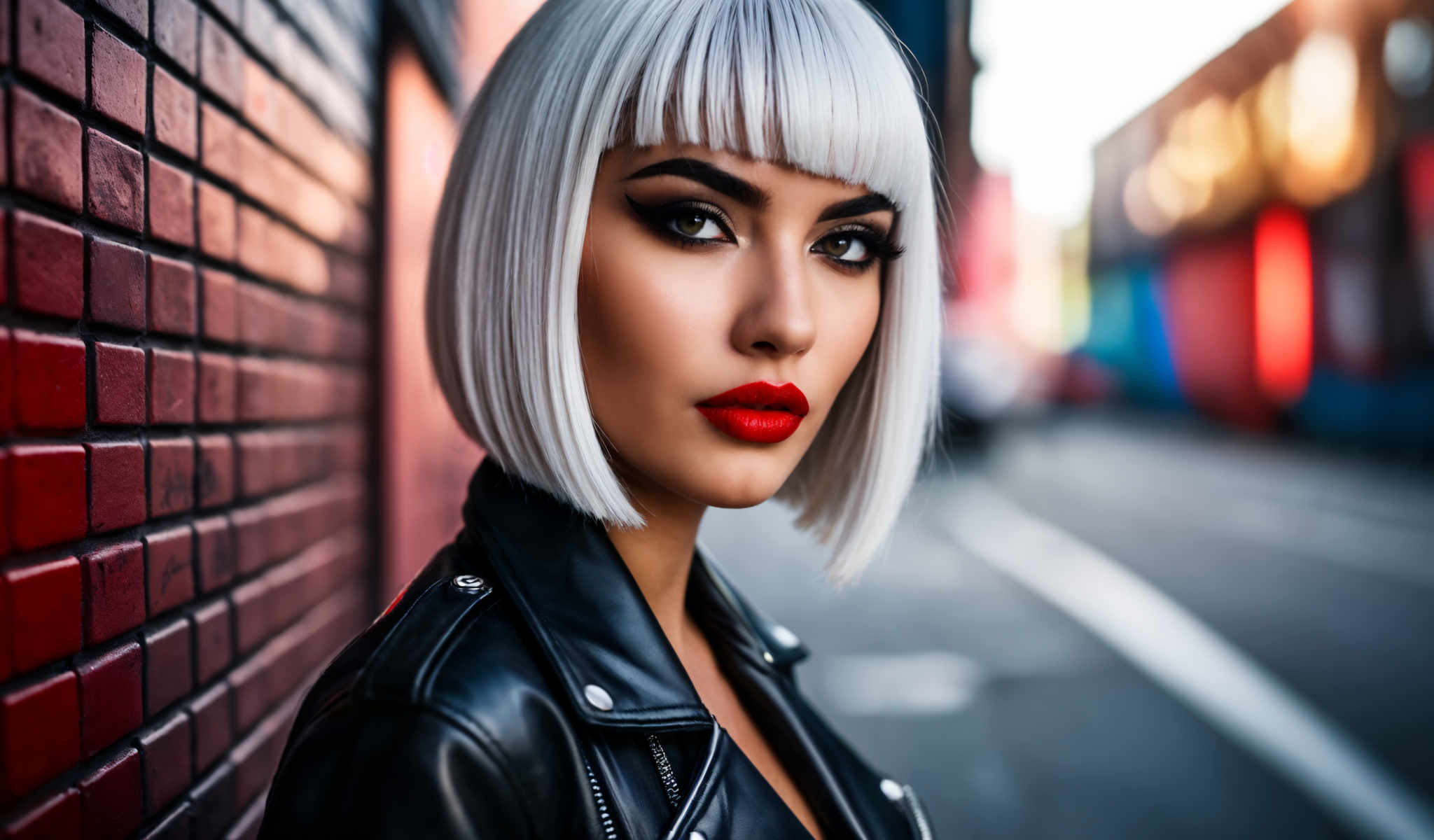 The image features a woman with a distinctive look. She has a white wig with black bangs that frame her face. Her lips are painted a bold red matching the red eyeshadow that adds a pop of color to her appearance. She is wearing a black leather jacket which adds an edgy touch to her overall look.

The background of the image is a brick wall providing a rustic contrast to the woman's modern and bold style. The wall is red echoing the red in her lipstick and eyeshadows. The bricks are arranged in a traditional pattern adding a sense of depth and texture to the image.

The woman is standing in front of the brick wall. She appears to be posing for the photo as she is looking directly at the camera. Her gaze is steady and confident suggesting that she is comfortable in the spotlight.

Overall the image captures a moment of bold fashion against a rustic backdrop creating a striking contrast. The woman's white wig red lipstick and black leather outfit stand out against the red brick wall behind her. The image does not contain any text or other discernible objects. The relative position of the woman to the wall is such that she appears to stand right in front with the wall