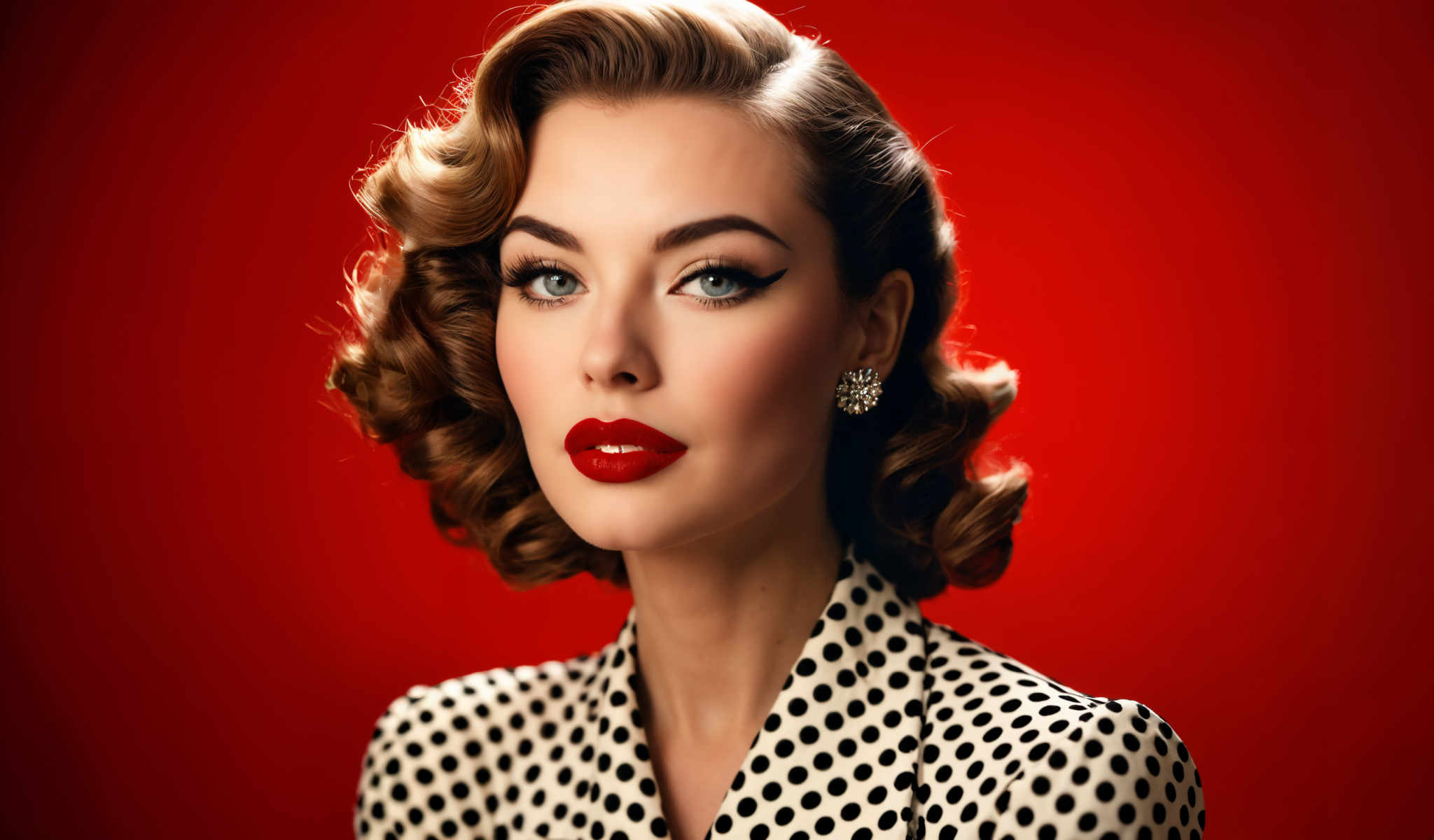 The image features a woman with red lipstick and a polka dot dress. She has blonde hair styled in loose curls. The background is red.