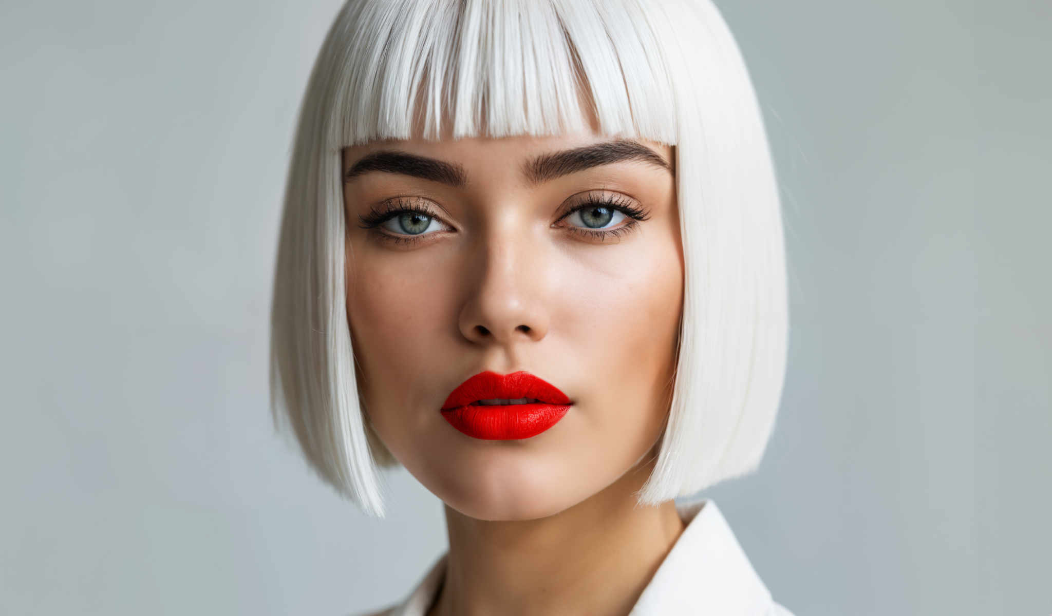 The image features a woman with blonde hair and striking blue eyes. She is wearing a white blouse and has her hair styled in a unique way with the bangs dyed white. Her lipstick is a vibrant red matching the red earrings she is wearing. The background is a plain white wall putting the focus entirely on her. The image does not contain any text or other discernible objects. The woman's gaze is directed straight at the camera creating a sense of direct engagement with the viewer. The overall composition of the image is simple yet striking with each element contributing to a cohesive and visually appealing whole.