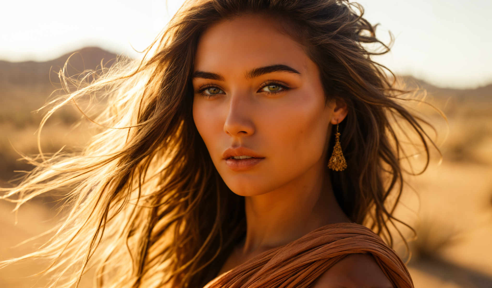 The image features a young woman with long blonde hair. She is wearing a brown dress and gold earrings. Her gaze is directed straight at the camera giving the impression of a portrait. The background is a blurred landscape suggesting that the photo was taken outdoors. The woman's attire and the outdoor setting create a warm and inviting atmosphere. The image does not contain any text.