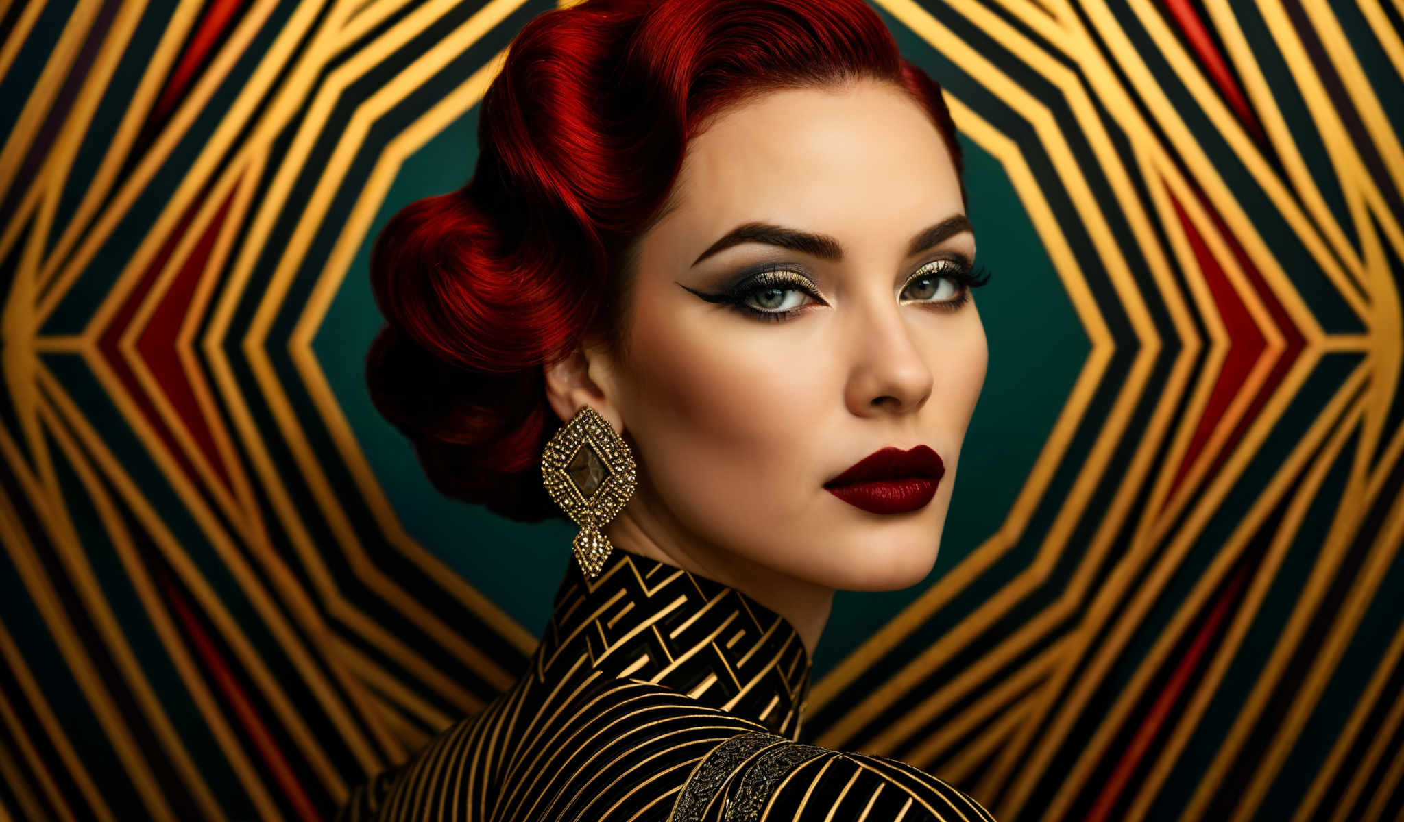 The image features a woman with red hair wearing gold earrings and a gold dress. She is looking off to the side with a serious expression. The background is a green and gold pattern.