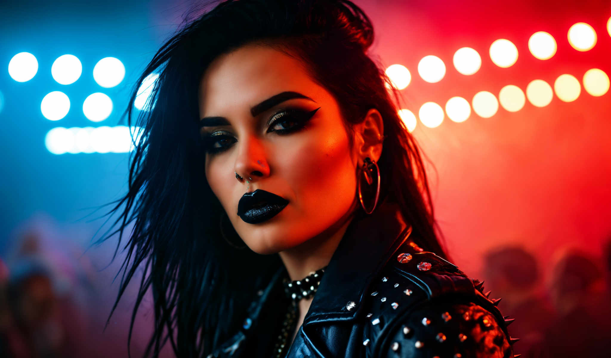 The image features a woman with long black hair and bangs. She is wearing a black leather jacket adorned with silver studs. Her eye makeup is dramatic featuring black eyeliner and long false eyelashes. The background is a vibrant mix of red and blue lights. The woman is looking directly at the camera creating a sense of connection with the viewer. The overall image has a bold and edgy aesthetic.