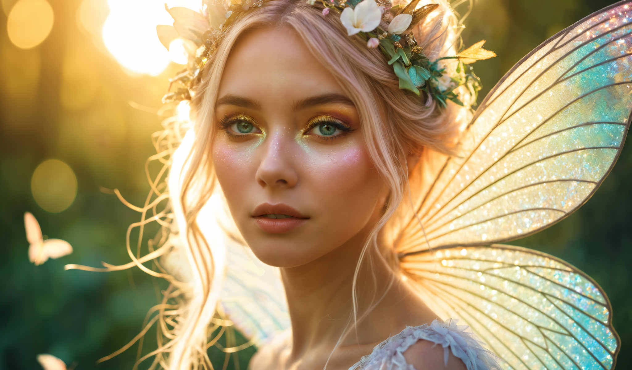 A blonde woman with a flower crown and wings on her back.