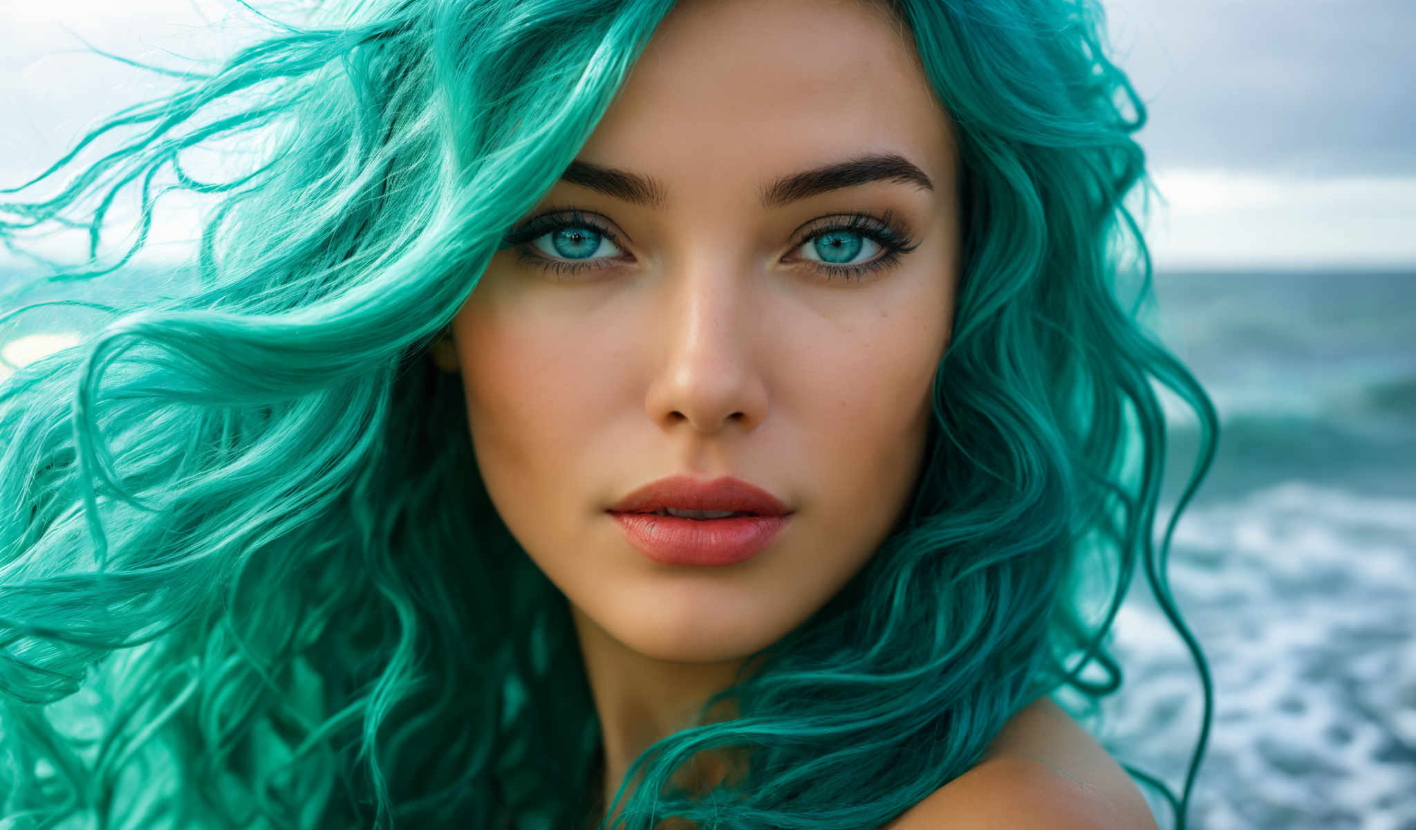 The image features a young woman with vibrant blue hair. She is looking directly at the camera her gaze meeting ours. Her hair a striking shade of blue is styled in loose curls that cascade down her shoulders. She's wearing a simple white tank top which contrasts with her hair color. Her lips are slightly parted and she has a slight smile on her face adding a touch of warmth to the image. The background is a blurred blue-green color which complements her hair and adds depth to the photo. The focus of the image is clearly on her with the background serving to highlight her features. The image does not contain any text or other discernible objects. The relative position of the woman to the background suggests she is the main subject of this photo.