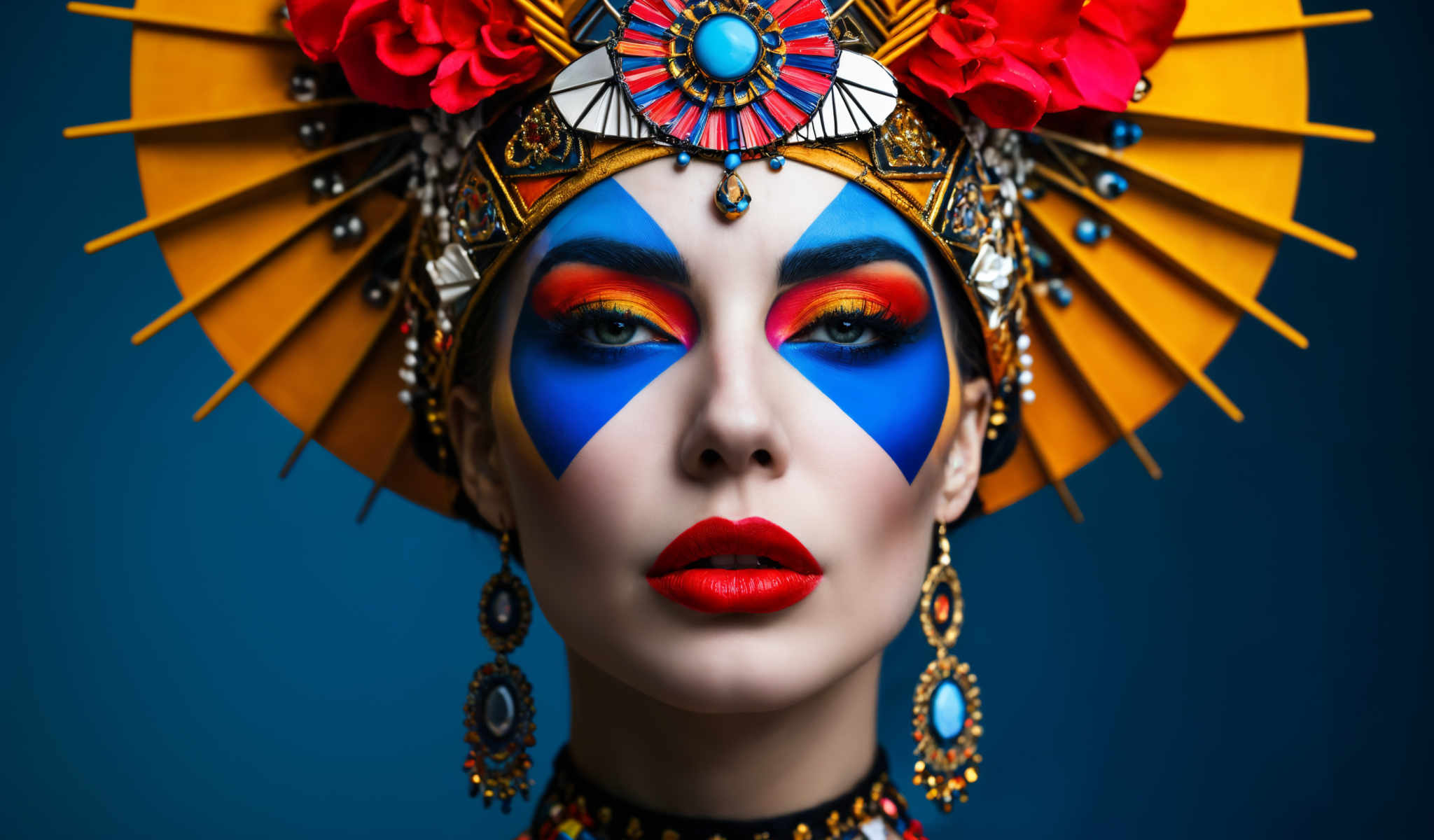 A woman wearing a colorful headdress and makeup.