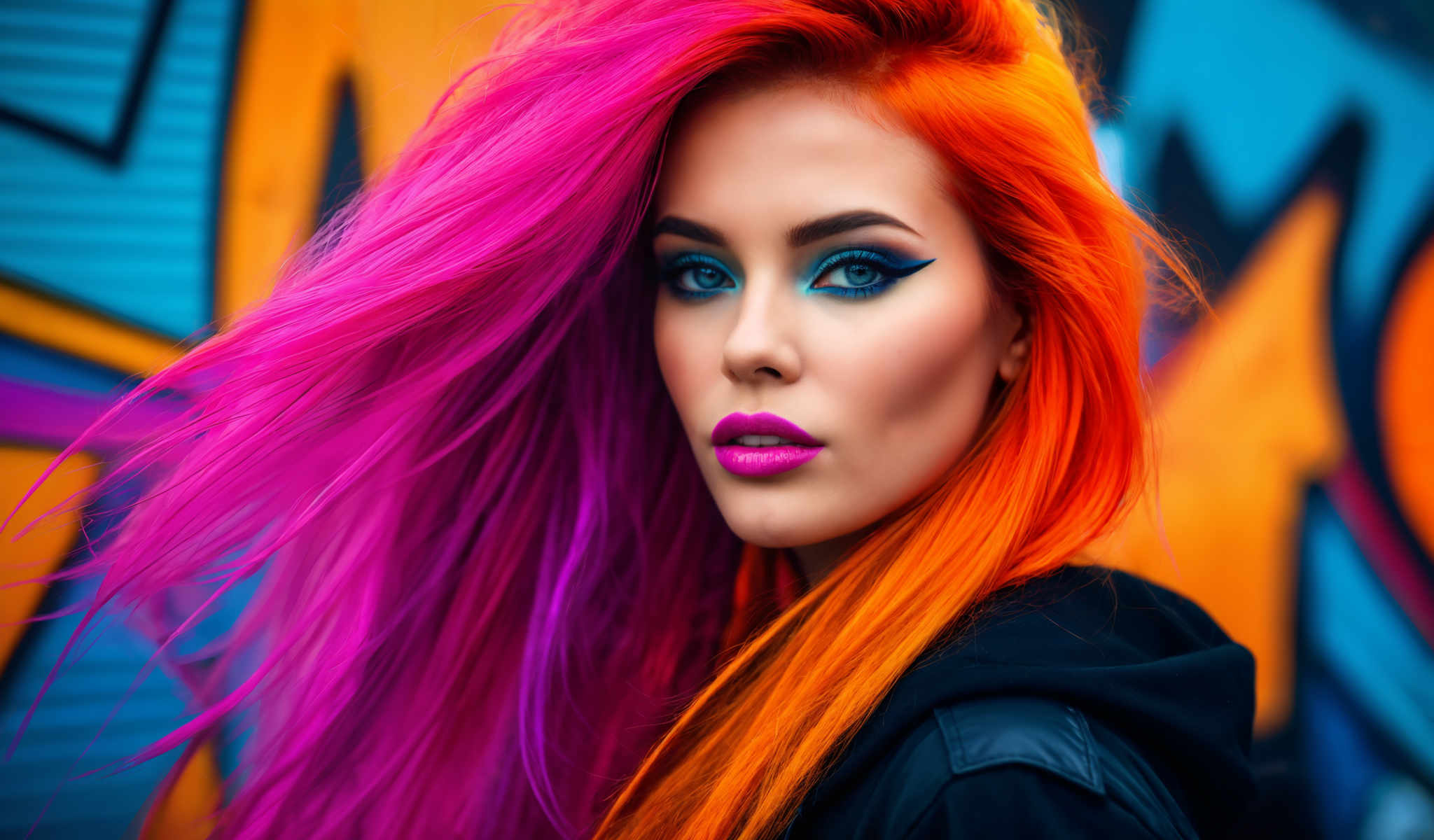 The image features a young woman with long vibrant orange hair. She is wearing a black jacket and has striking blue eye shadow. Her hair is styled in loose waves adding a touch of elegance to her look. The background is a blurred image of a city street providing a stark contrast to the woman's vivid appearance. The woman is the main focus of the image with her colorful hair and eye shadow standing out against the more muted colors of the cityscape. The image does not contain any text. The relative position of the woman to the city street in the background suggests she is standing in an urban setting. The overall composition of the photo places the woman in the foreground drawing the viewer's attention to her immediately.