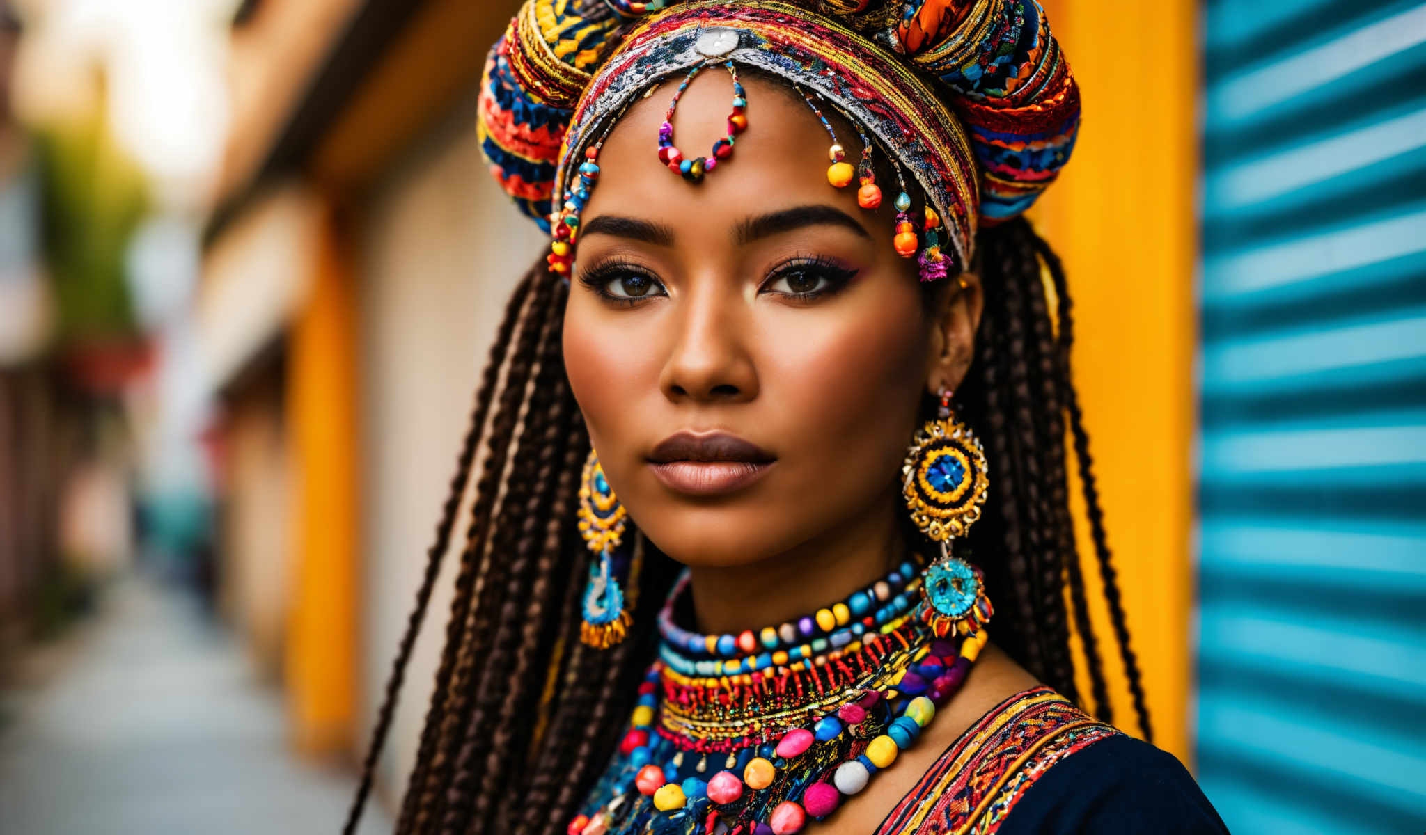 The image features a woman adorned in traditional African attire. She is wearing a vibrant headdress and necklaces and her hair is styled in braids. The background is a yellow wall with a window. The woman's gaze is directed straight at the camera creating a sense of connection with the viewer. The colors in the image are rich and varied with the woman's attire standing out against the yellow background. The image captures a moment of cultural expression and tradition.