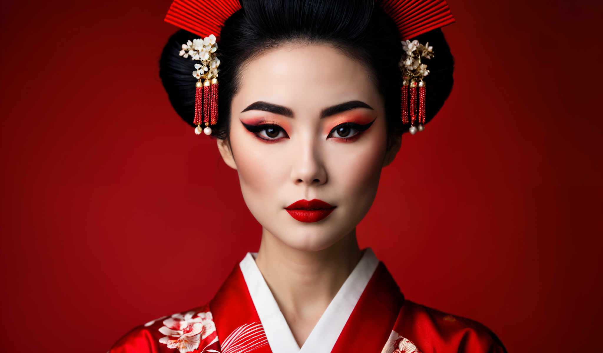 A woman wearing a red kimono with a white sash. She has black hair and red lipstick.