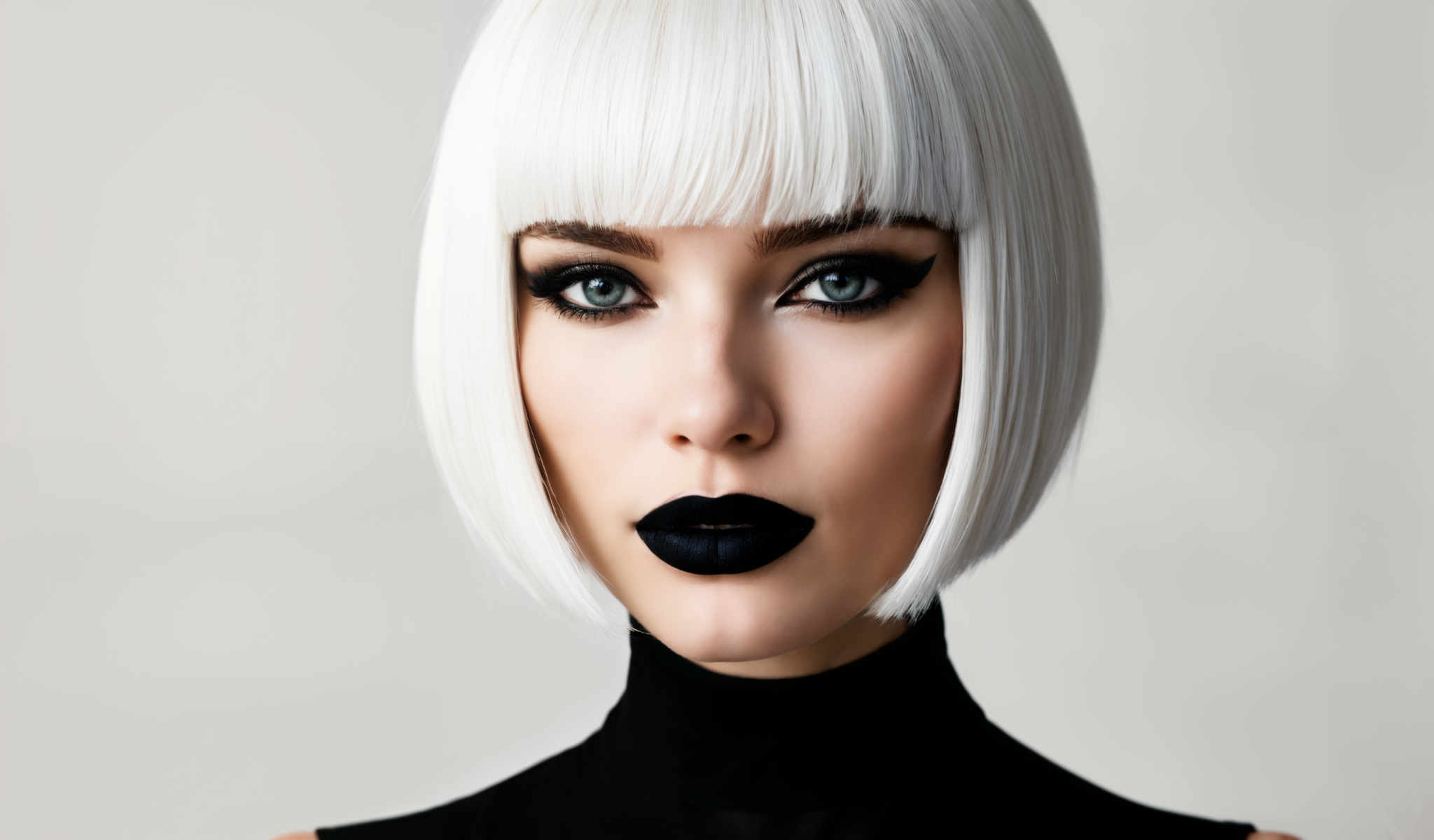 A woman with white hair and black lipstick.