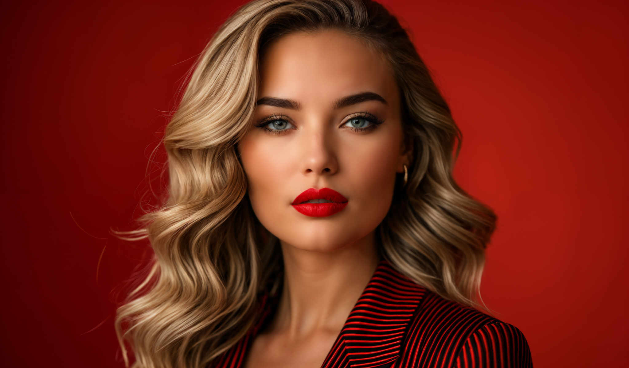 The image features a woman with blonde hair and blue eyes. She is wearing a red and black striped suit and red lipstick. The background is red.