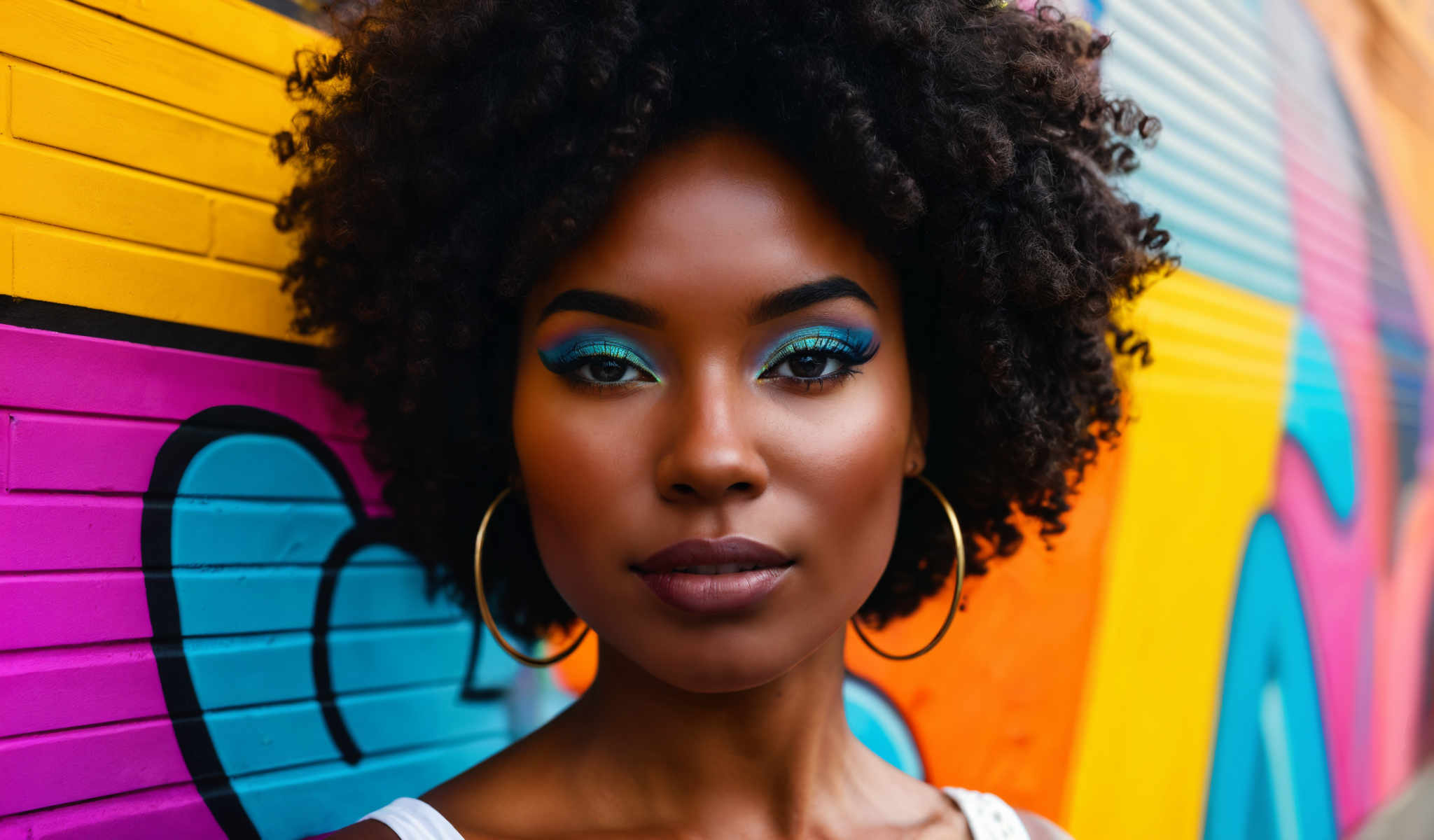 A woman with a blue eye shadow and gold hoop earrings.