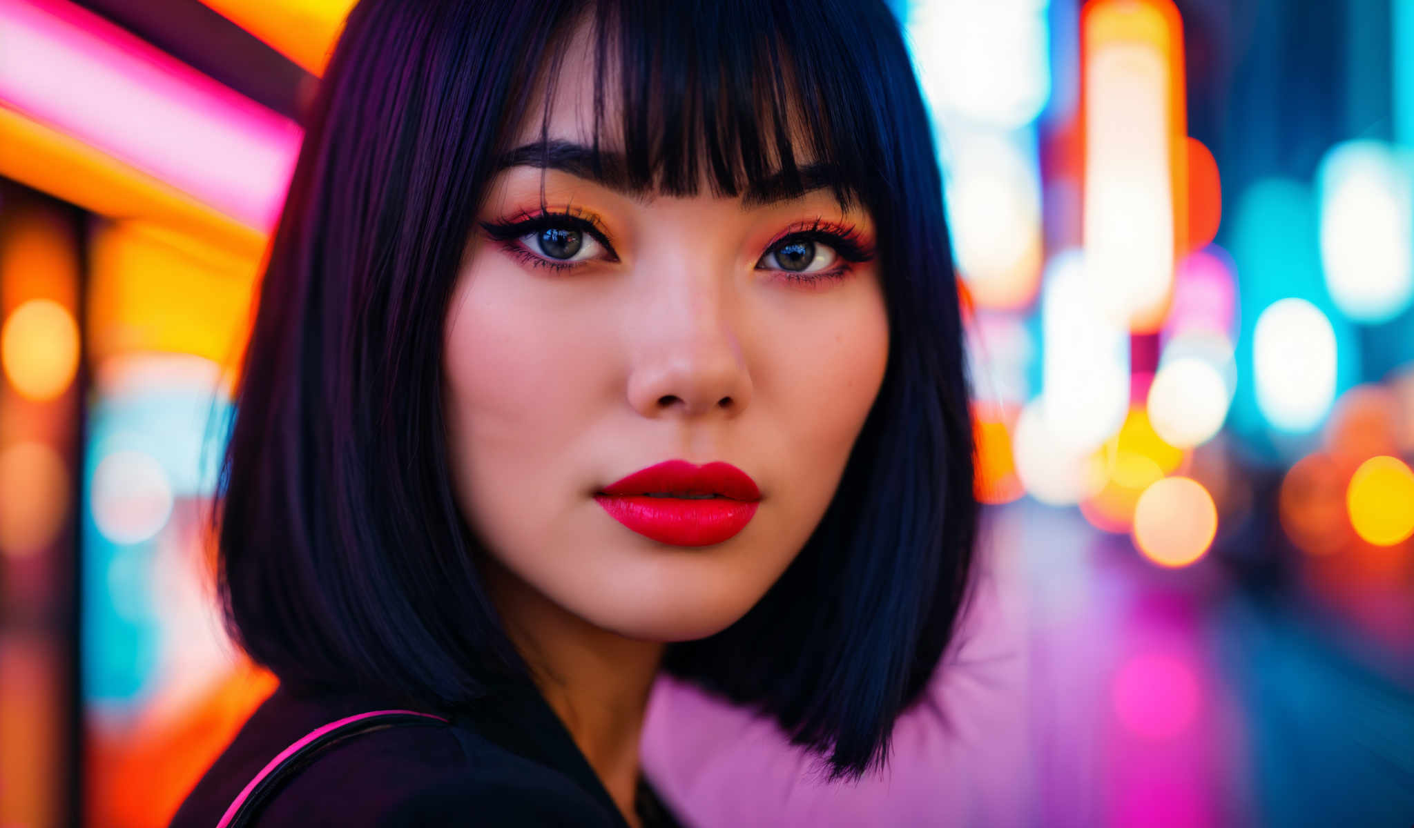 The image features a young woman with black hair and bangs. She is wearing a black top and has striking blue eyes. Her red lipstick stands out against her dark hair. The background is a vibrant mix of pink and blue lights creating a colorful and lively atmosphere. The woman appears to be the main subject of the image with her gaze directed towards the camera. The overall composition of the photo suggests a sense of style and confidence.