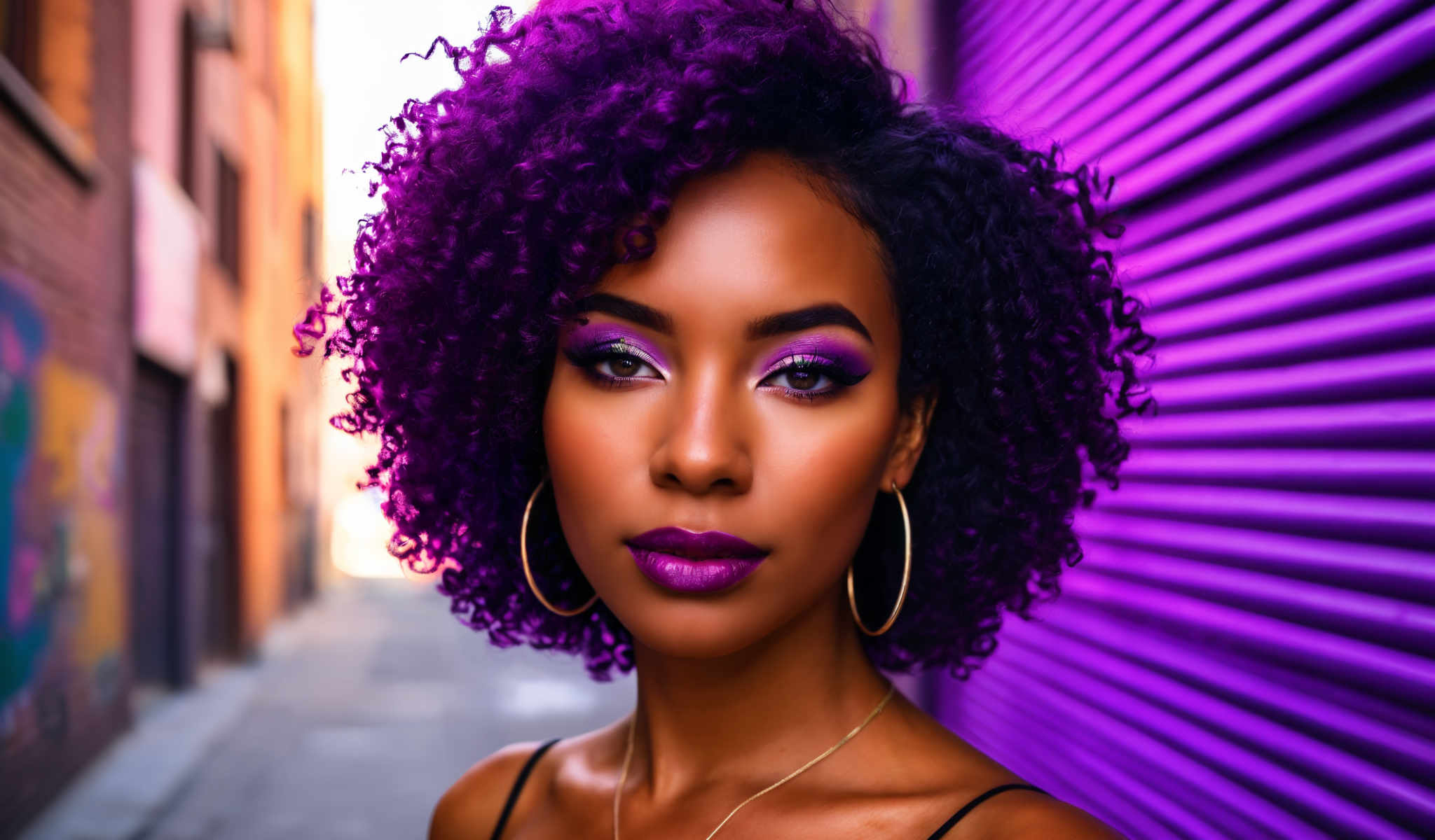 A woman with purple hair and purple lipstick.