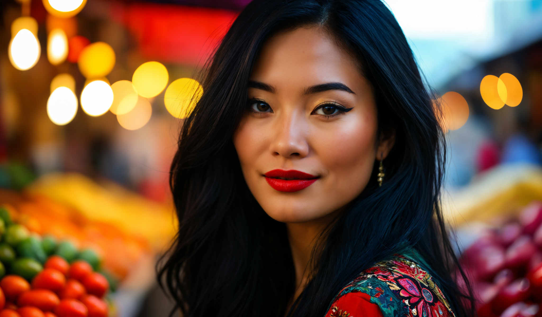 The image features a young woman with long dark hair and red lipstick. She is wearing a colorful dress and has gold earrings. The background is blurred but it appears to be a store or market with colorful lights. The woman is looking directly at the camera giving the impression that she is posing for the photo. The overall atmosphere of the image is vibrant and lively.